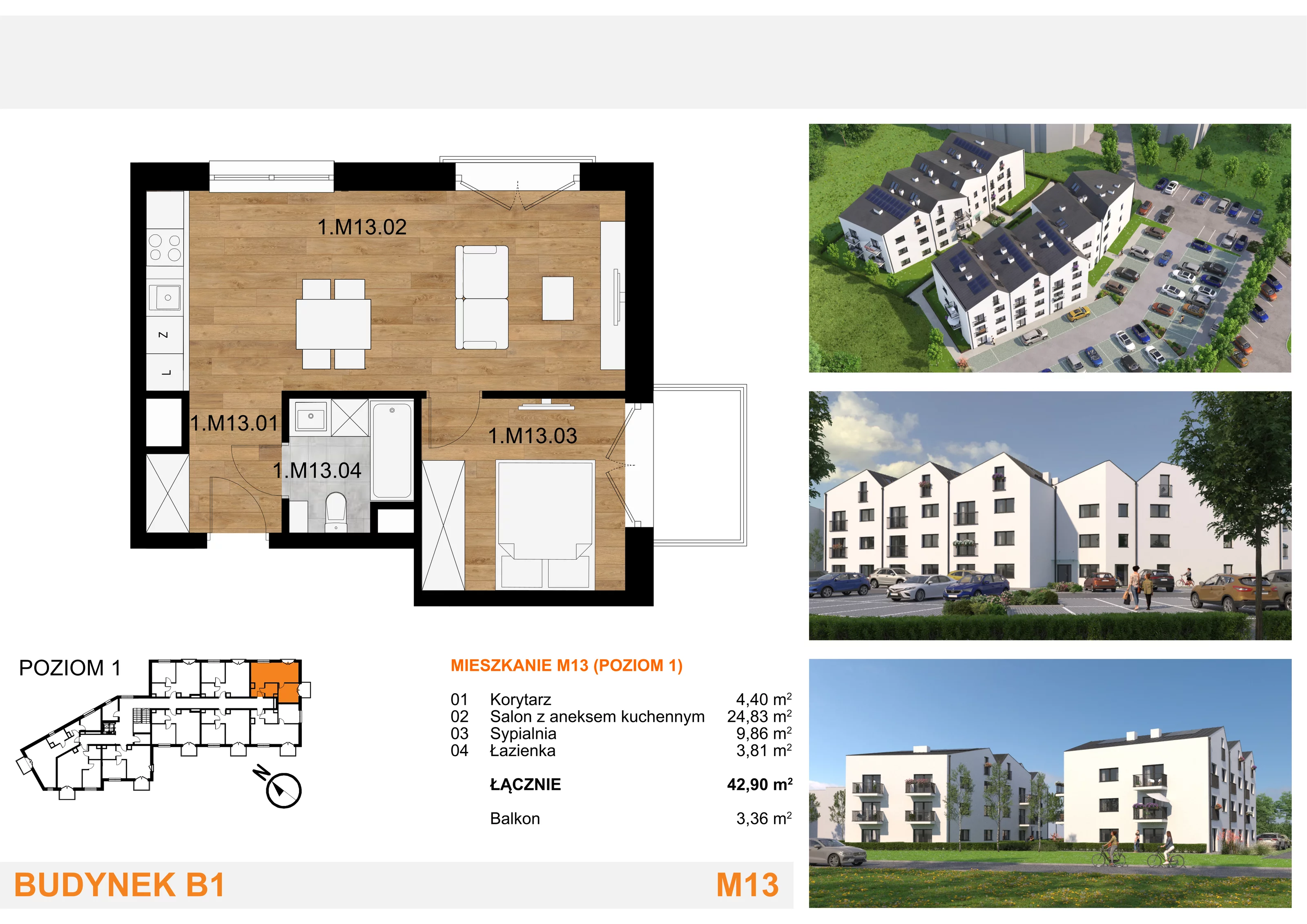 2 pokoje, mieszkanie 42,90 m², piętro 1, oferta nr M13, Mieszkania Mierzyn, Mierzyn, ul. Nasienna