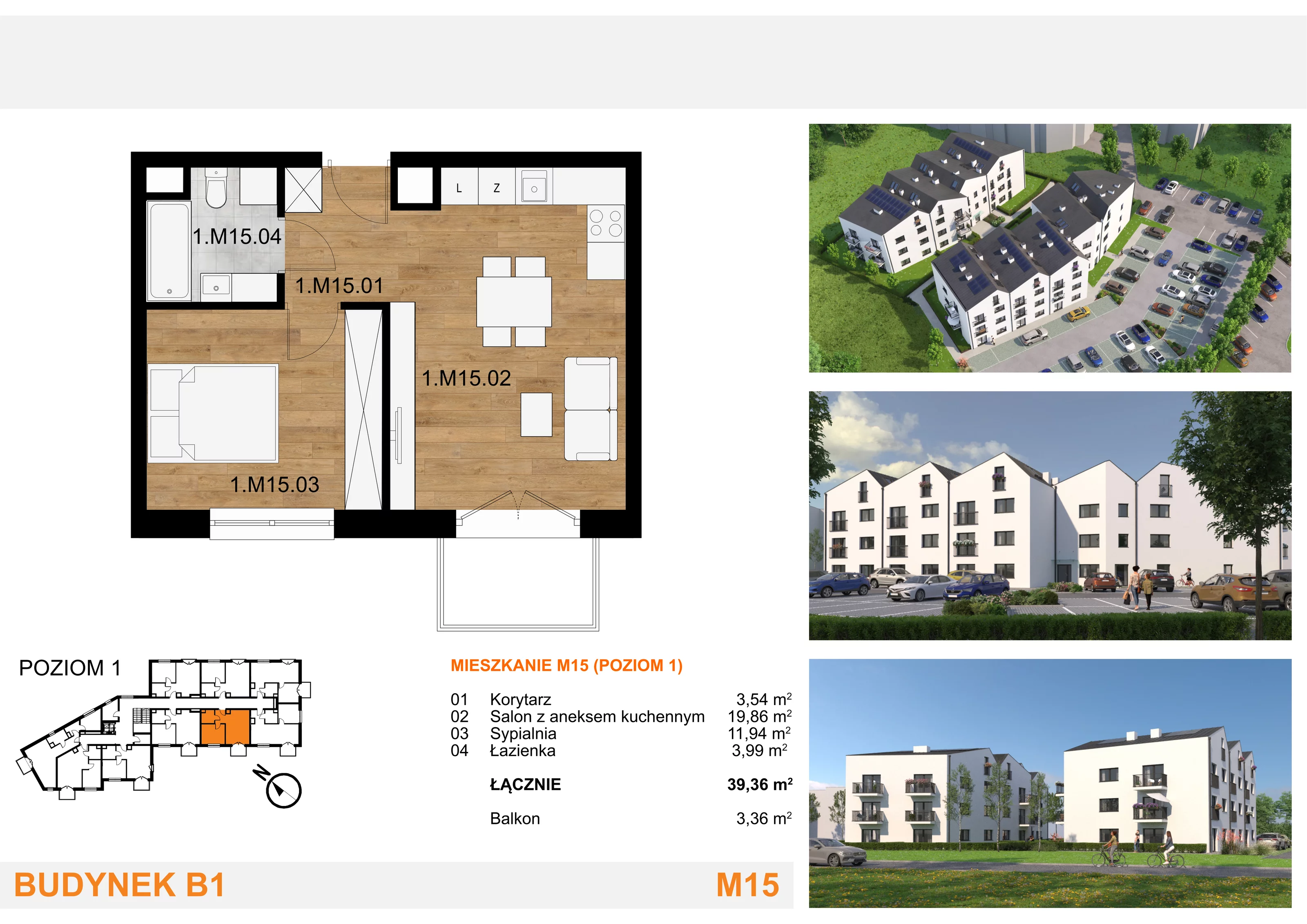 2 pokoje, mieszkanie 39,36 m², piętro 1, oferta nr M15, Mieszkania Mierzyn, Mierzyn, ul. Nasienna