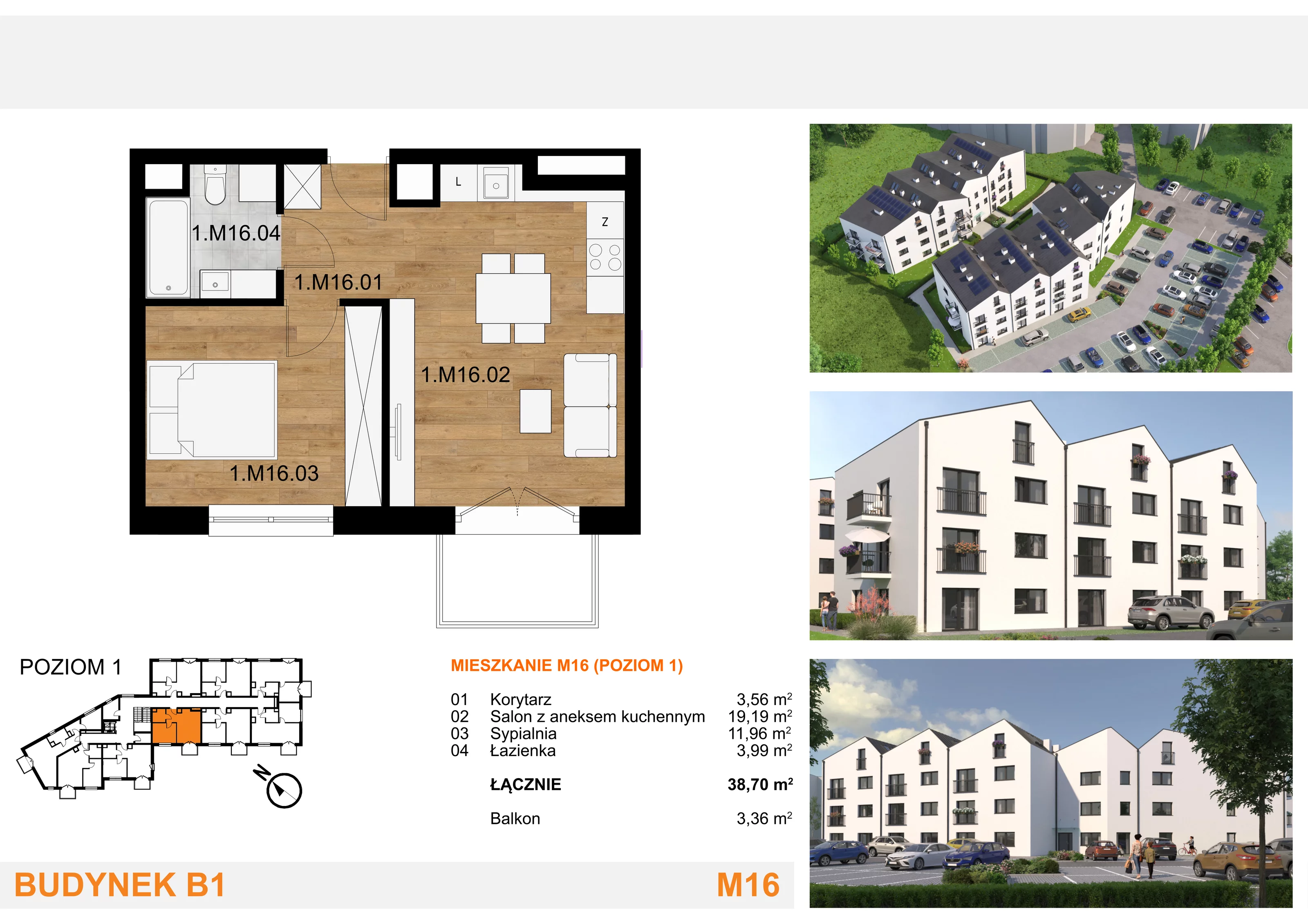 2 pokoje, mieszkanie 38,70 m², piętro 1, oferta nr M16, Mieszkania Mierzyn, Mierzyn, ul. Nasienna