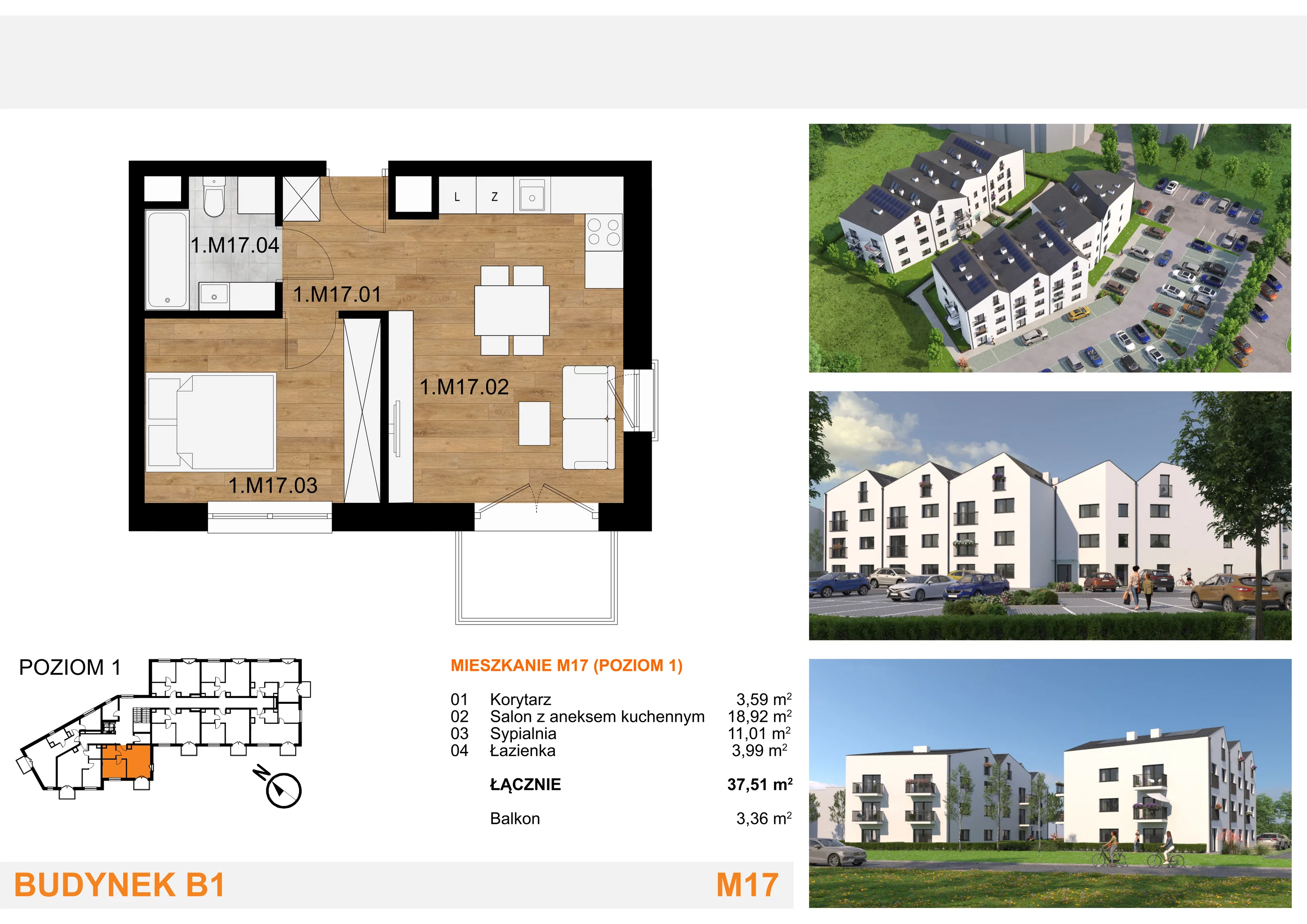 2 pokoje, mieszkanie 37,51 m², piętro 1, oferta nr M17, Mieszkania Mierzyn, Mierzyn, ul. Nasienna