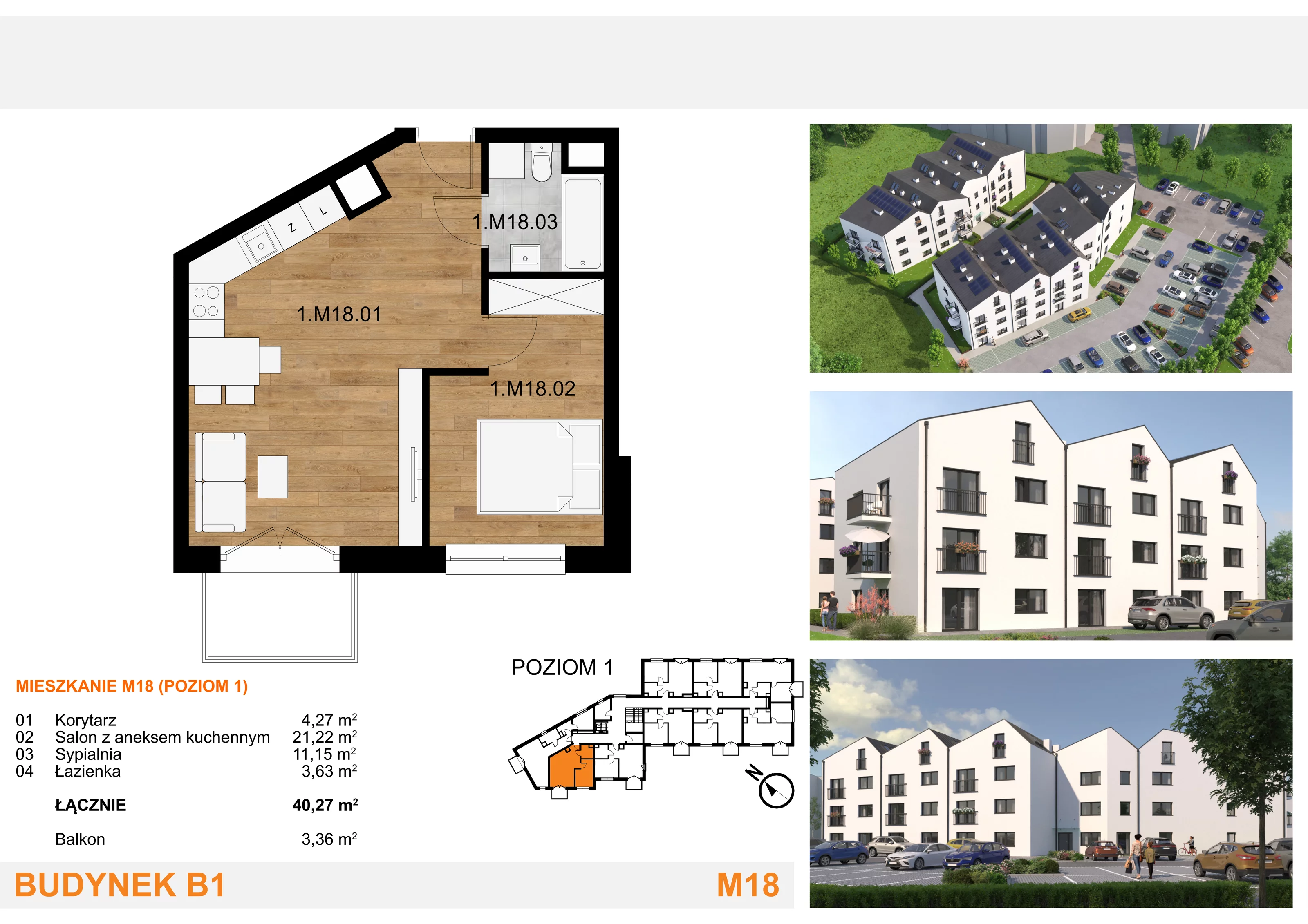 2 pokoje, mieszkanie 40,27 m², piętro 1, oferta nr M18, Mieszkania Mierzyn, Mierzyn, ul. Nasienna