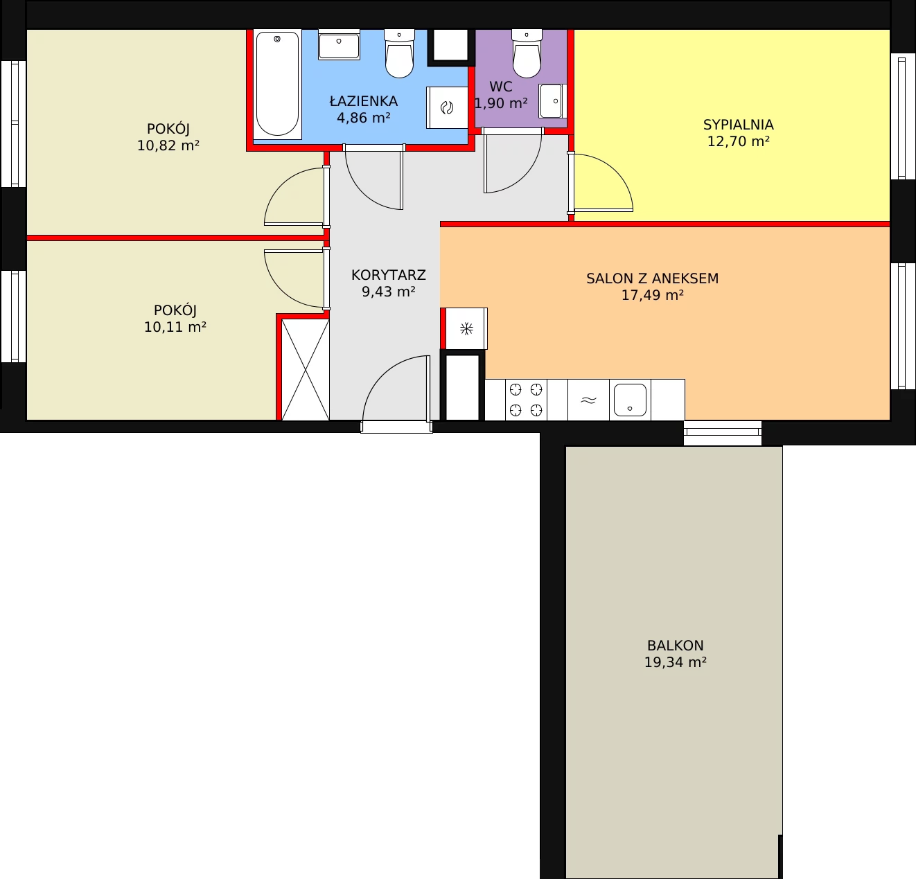 Mieszkanie 67,47 m², piętro 4, oferta nr 95, Krakowskie Tarasy V, Wrocław, Przedmieście Oławskie, Krzyki, ul. Krakowska 88