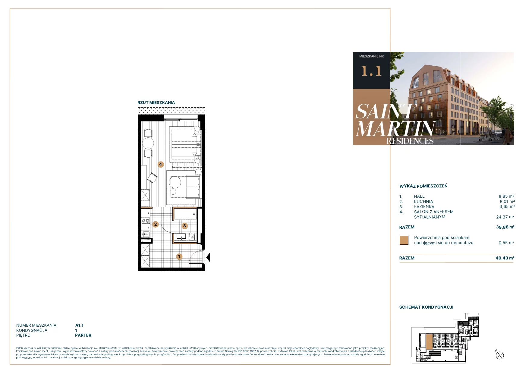 Apartament 42,10 m², parter, oferta nr A1.1, Saint Martin Residences II, Poznań, Stare Miasto, Stare Miasto, ul. Podgórna 7