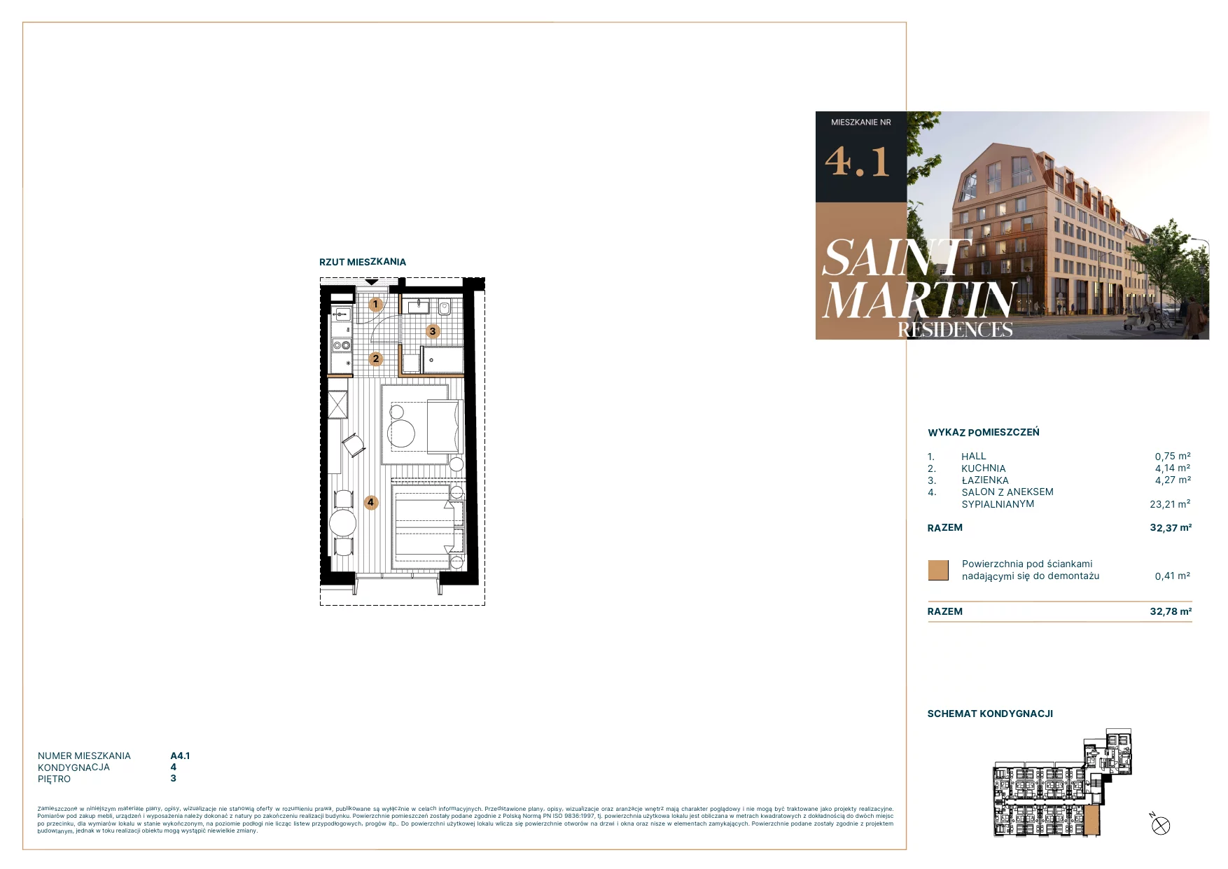 Mieszkanie 32,78 m², piętro 3, oferta nr A4.1, Saint Martin Residences II, Poznań, Stare Miasto, Stare Miasto, ul. Podgórna 7