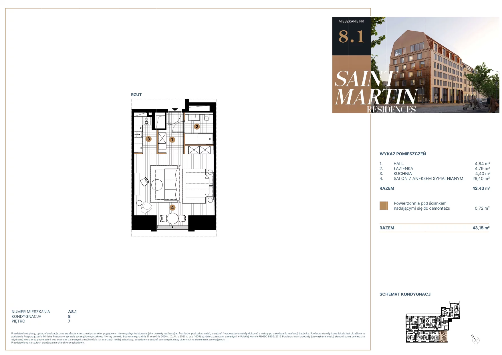 Mieszkanie 42,73 m², piętro 7, oferta nr A8.1, Saint Martin Residences II, Poznań, Stare Miasto, Stare Miasto, ul. Podgórna 7