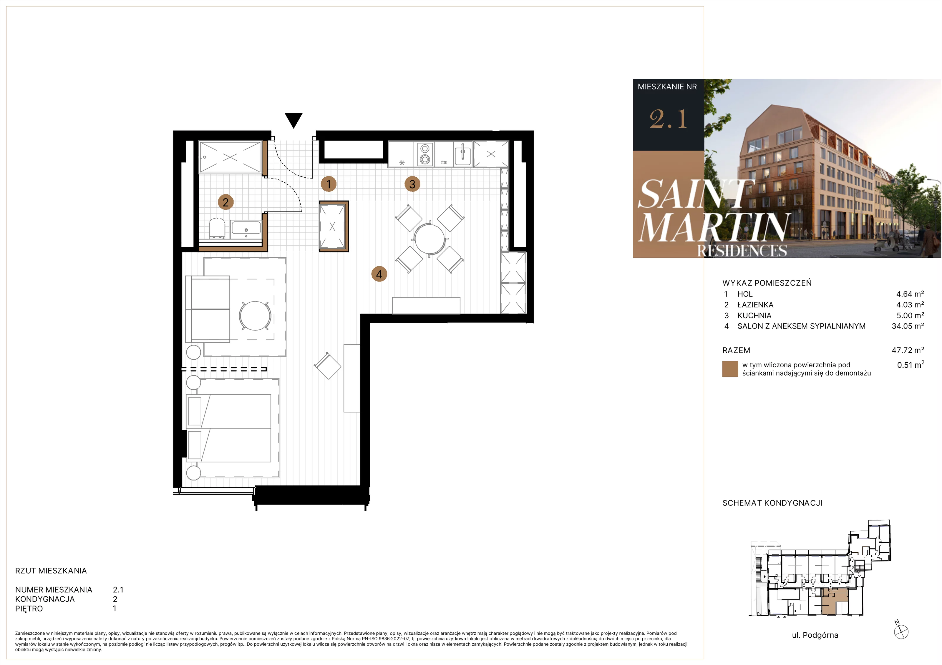Apartament 47,72 m², piętro 1, oferta nr A2.1, Saint Martin Residences II, Poznań, Stare Miasto, Stare Miasto, ul. Podgórna 7