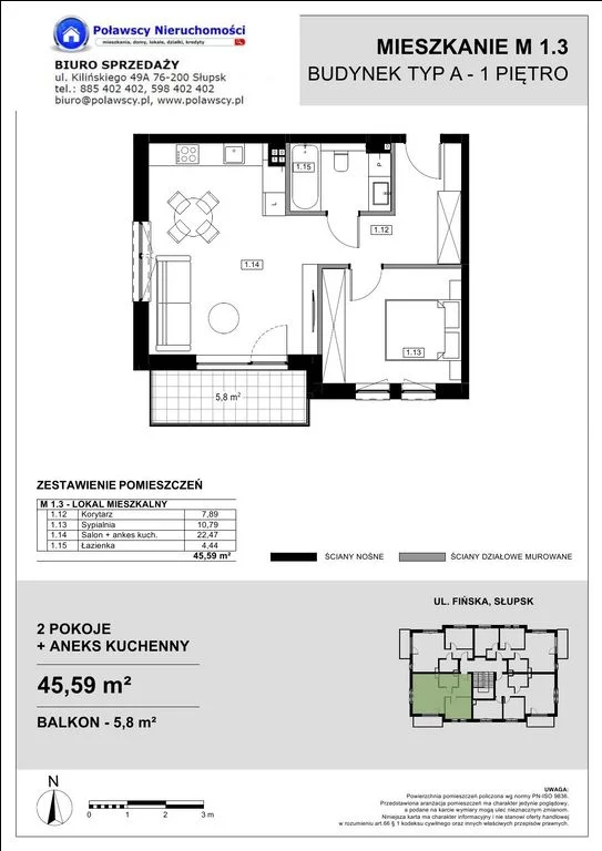 2 pokoje, mieszkanie 45,59 m², piętro 1, oferta nr , 12303-POL, Słupsk, Ryczewo, Fińska