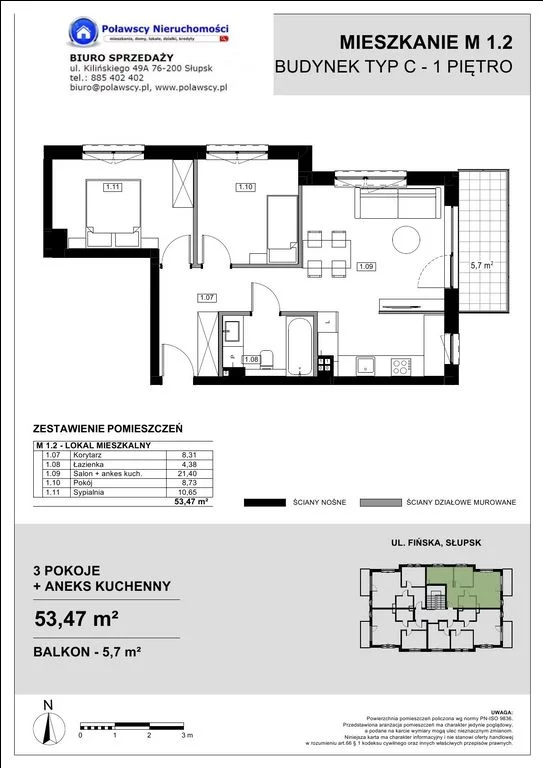 3 pokoje, mieszkanie 53,47 m², piętro 1, oferta nr , 12147-POL, Słupsk, Ryczewo, Fińska