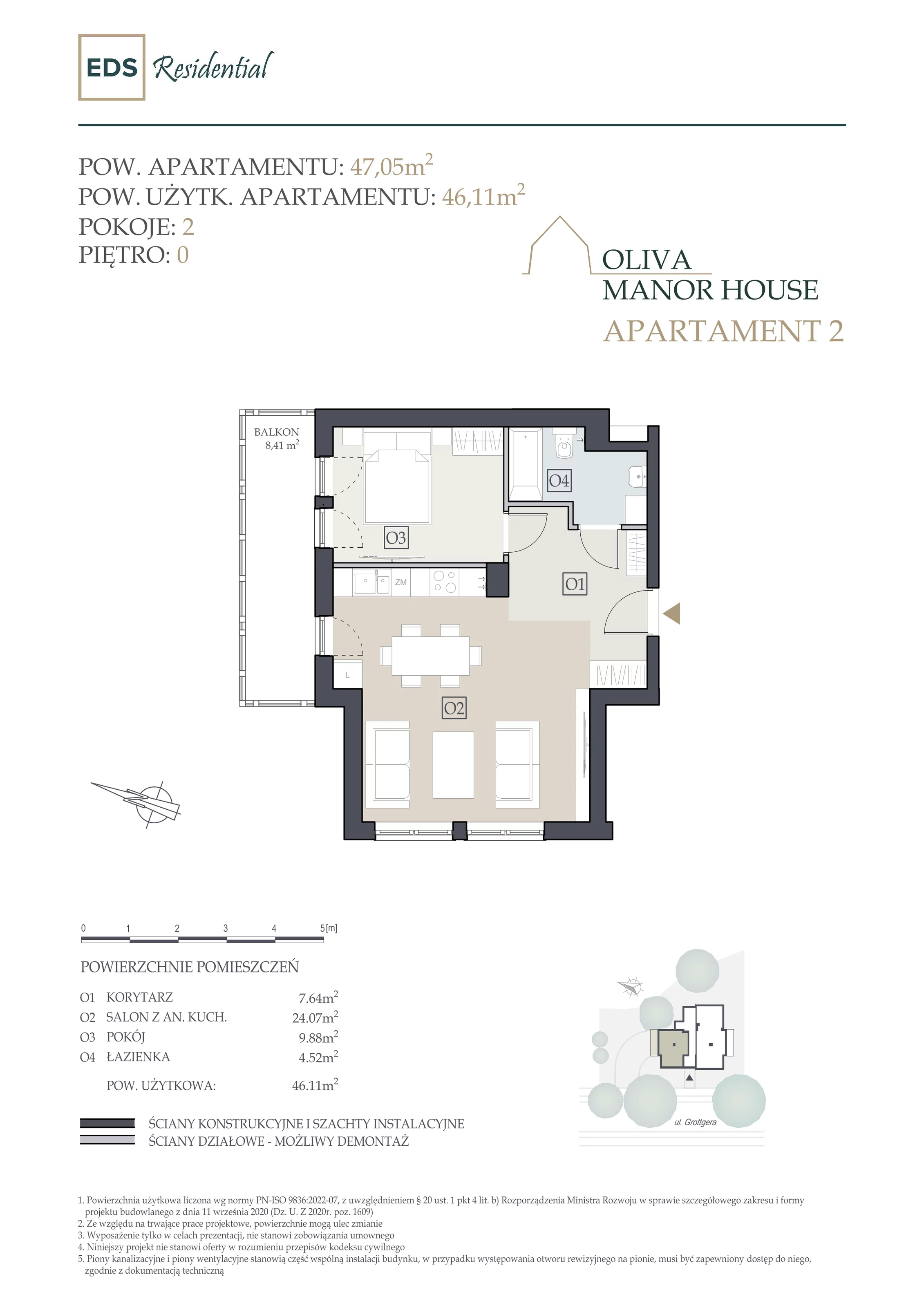 Mieszkanie 47,05 m², parter, oferta nr Apartament 2, Oliva Manor House, Gdańsk, Oliwa, ul. Artura Grottgera 3b 