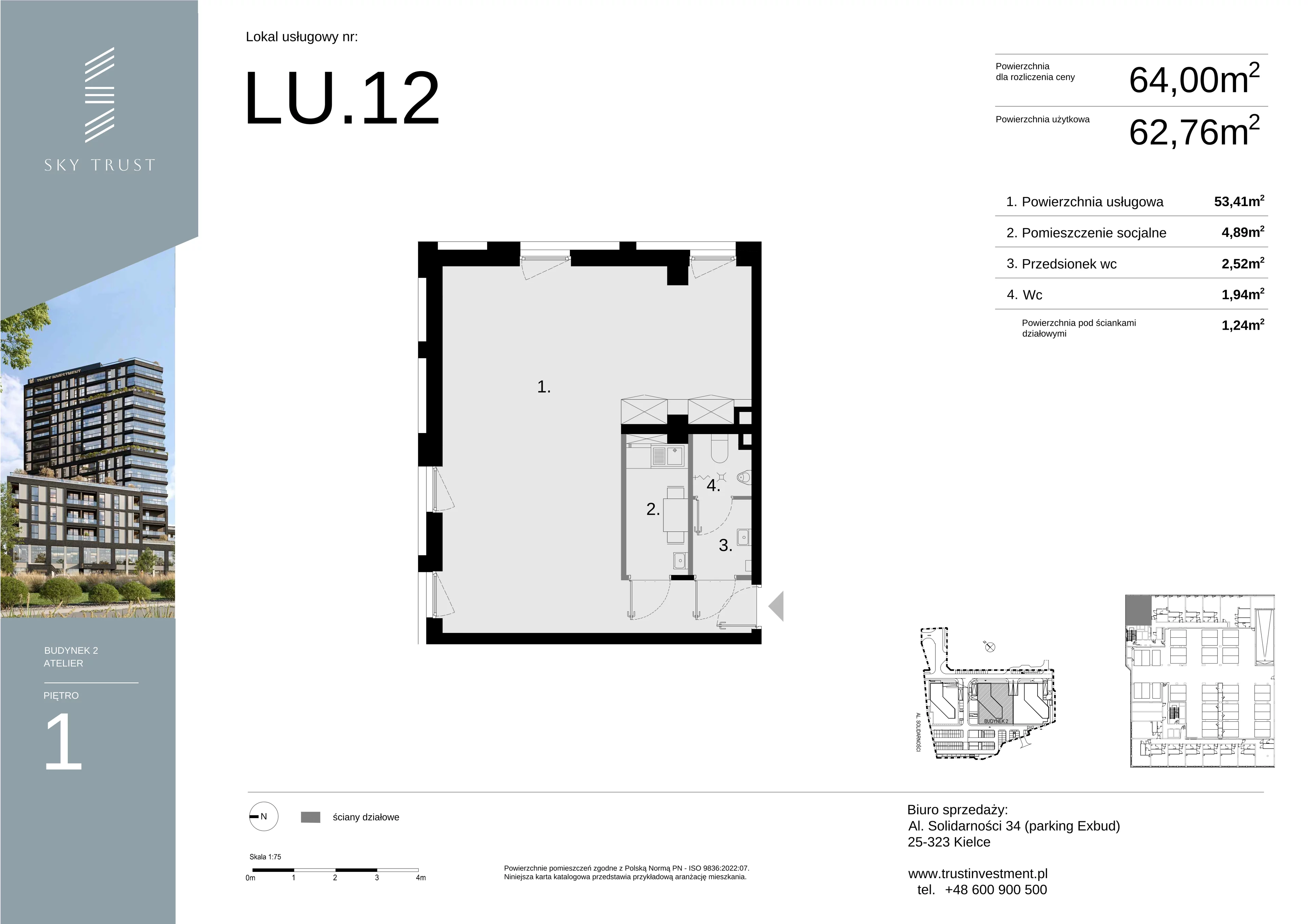 Lokal użytkowy 64,00 m², oferta nr LU12, Sky Trust etap II lokale użytkowe, Kielce, Bocianek, al. Solidarności / ul. Świętokrzyska