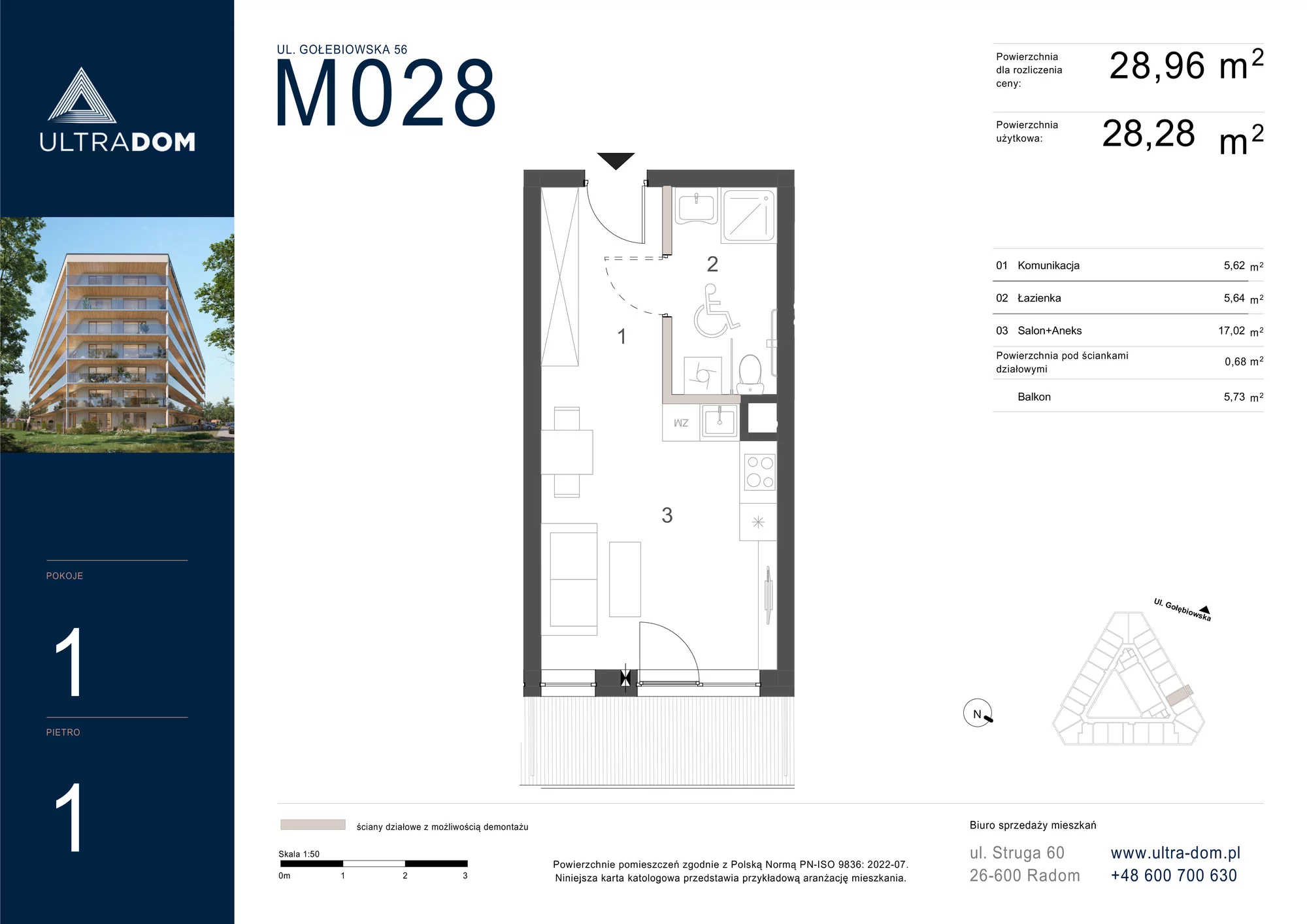 Mieszkanie 28,96 m², piętro 1, oferta nr M028, ULTRADOM, Radom, Gołębiów, ul. Gołębiowska