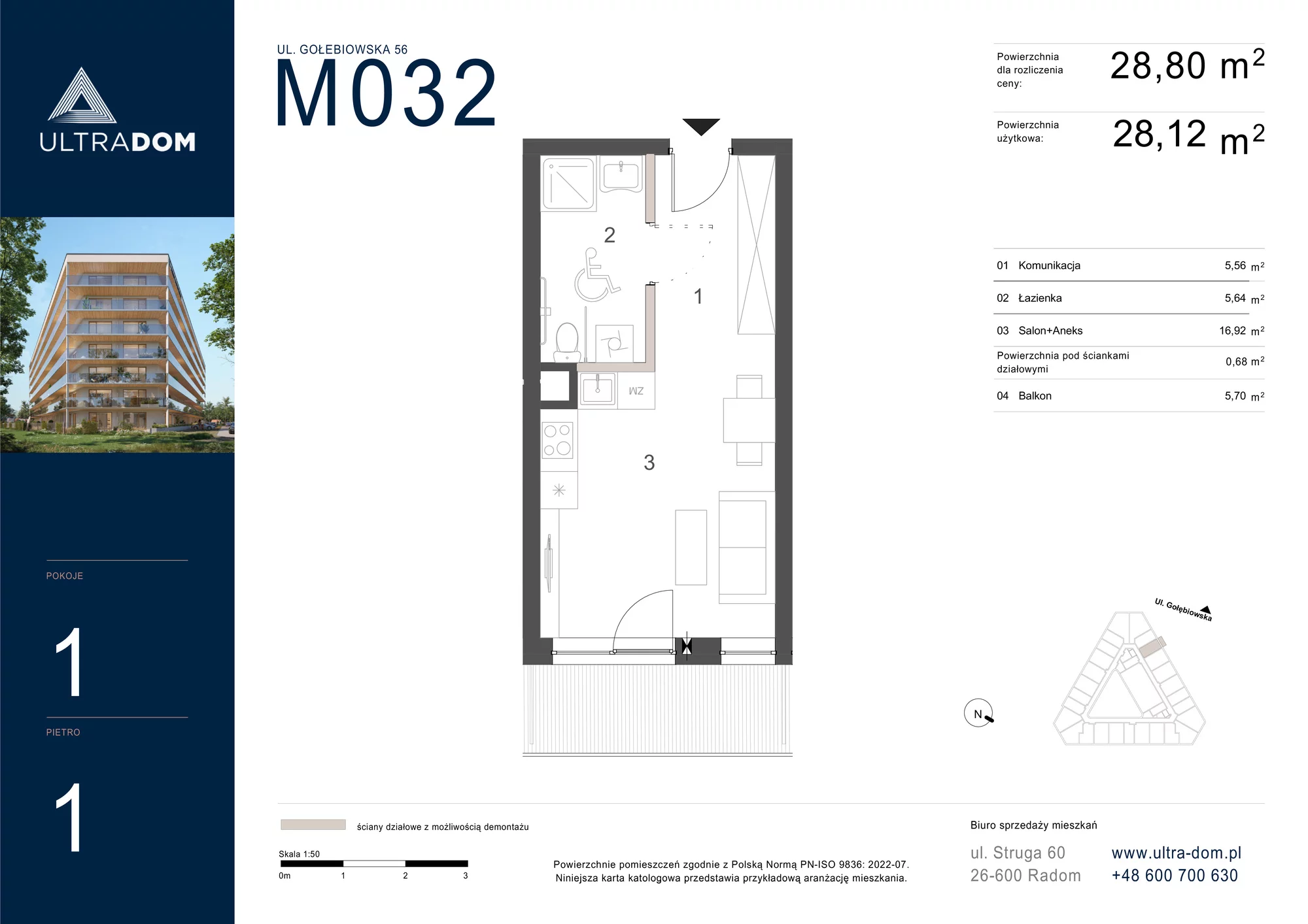 Mieszkanie 28,80 m², piętro 1, oferta nr M032, ULTRADOM, Radom, Gołębiów, ul. Gołębiowska