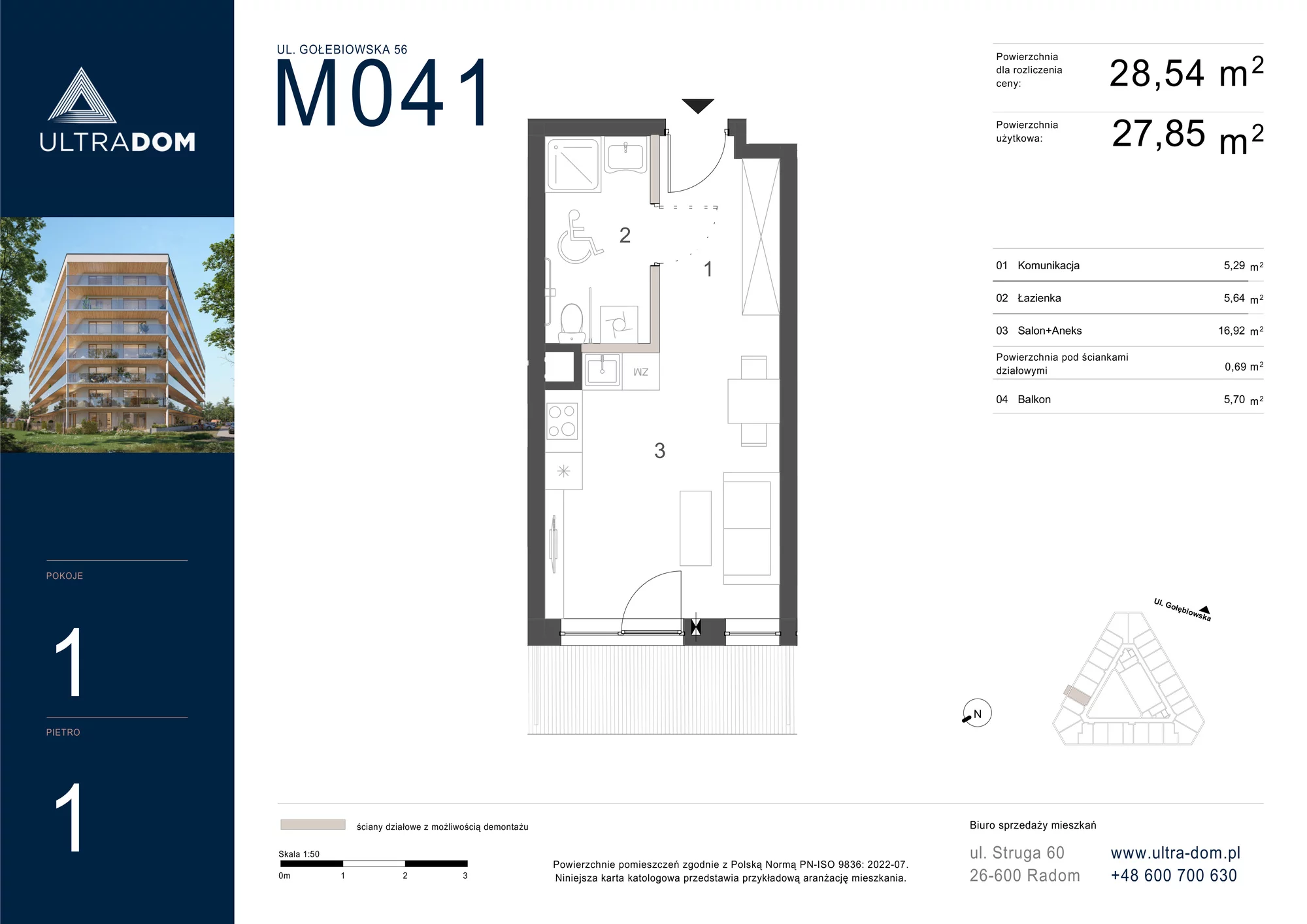 Mieszkanie 28,54 m², piętro 1, oferta nr M041, ULTRADOM, Radom, Gołębiów, ul. Gołębiowska