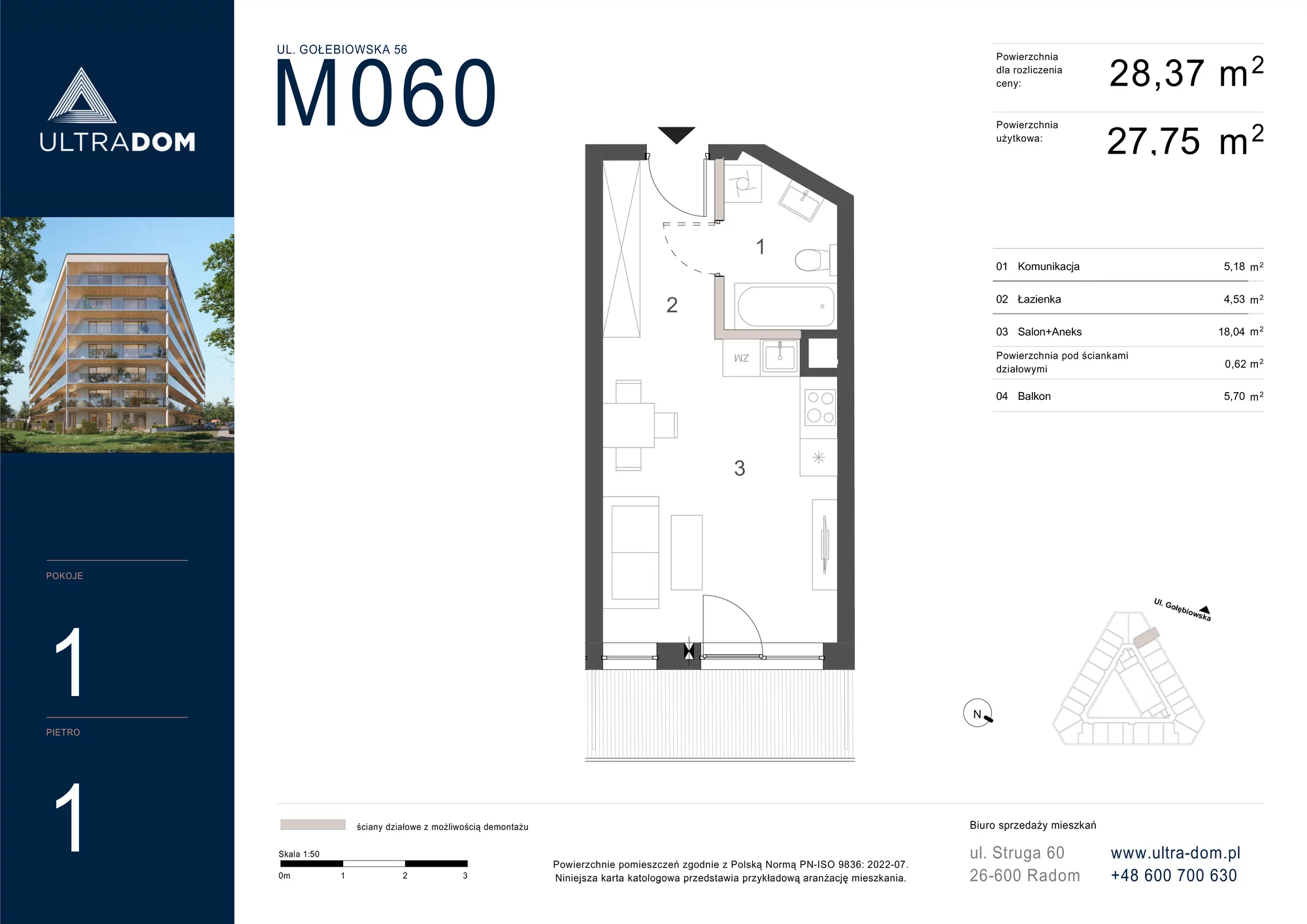 Mieszkanie 28,37 m², piętro 2, oferta nr M060, ULTRADOM, Radom, Gołębiów, ul. Gołębiowska