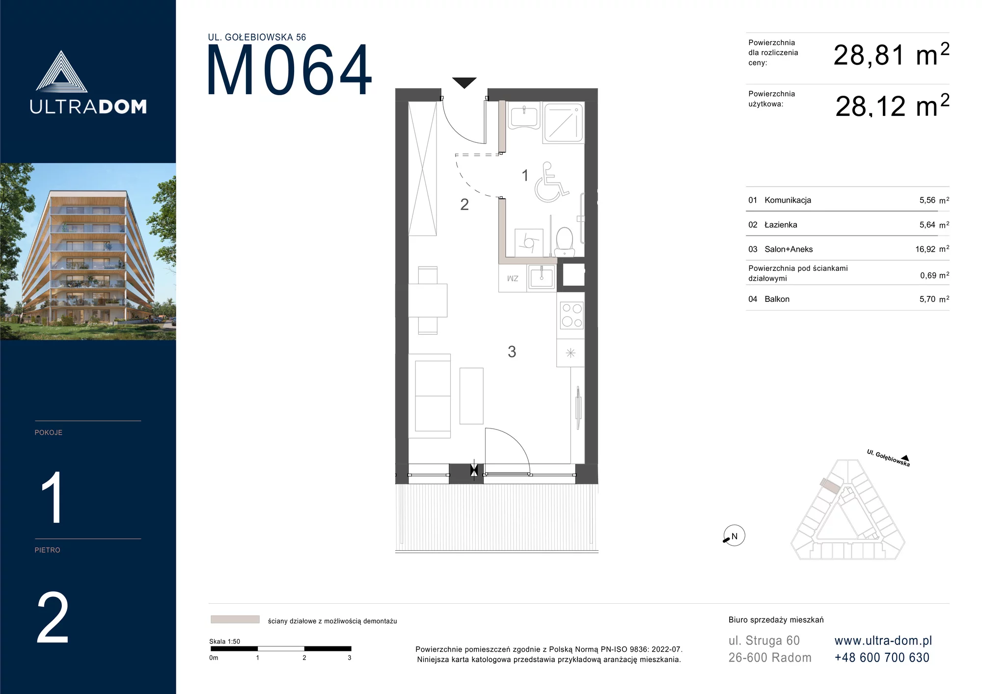 Mieszkanie 28,81 m², piętro 2, oferta nr M064, ULTRADOM, Radom, Gołębiów, ul. Gołębiowska