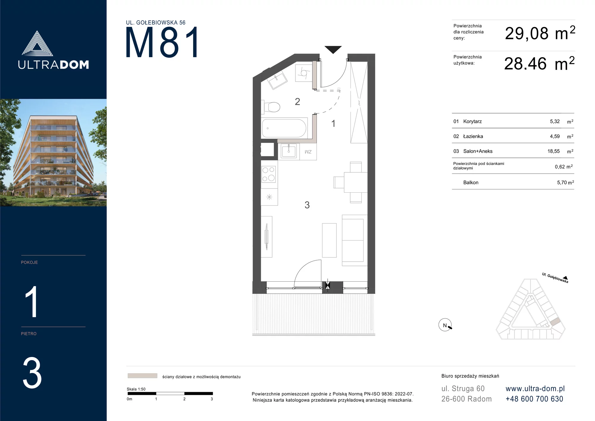 Mieszkanie 29,08 m², piętro 3, oferta nr M081, ULTRADOM, Radom, Gołębiów, ul. Gołębiowska