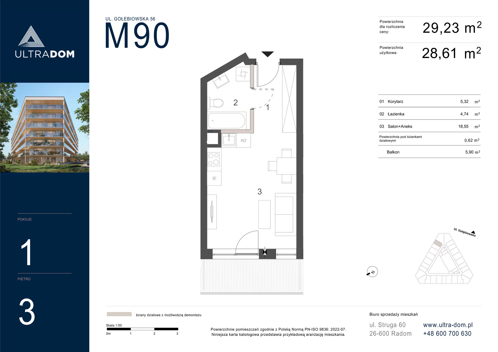 Mieszkanie 29,23 m², piętro 3, oferta nr M090, ULTRADOM, Radom, Gołębiów, ul. Gołębiowska