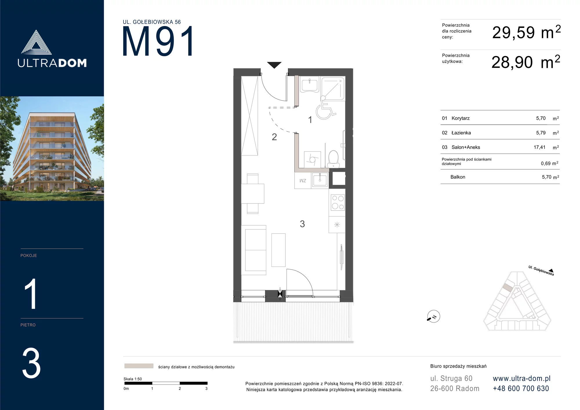 Mieszkanie 29,59 m², piętro 3, oferta nr M091, ULTRADOM, Radom, Gołębiów, ul. Gołębiowska