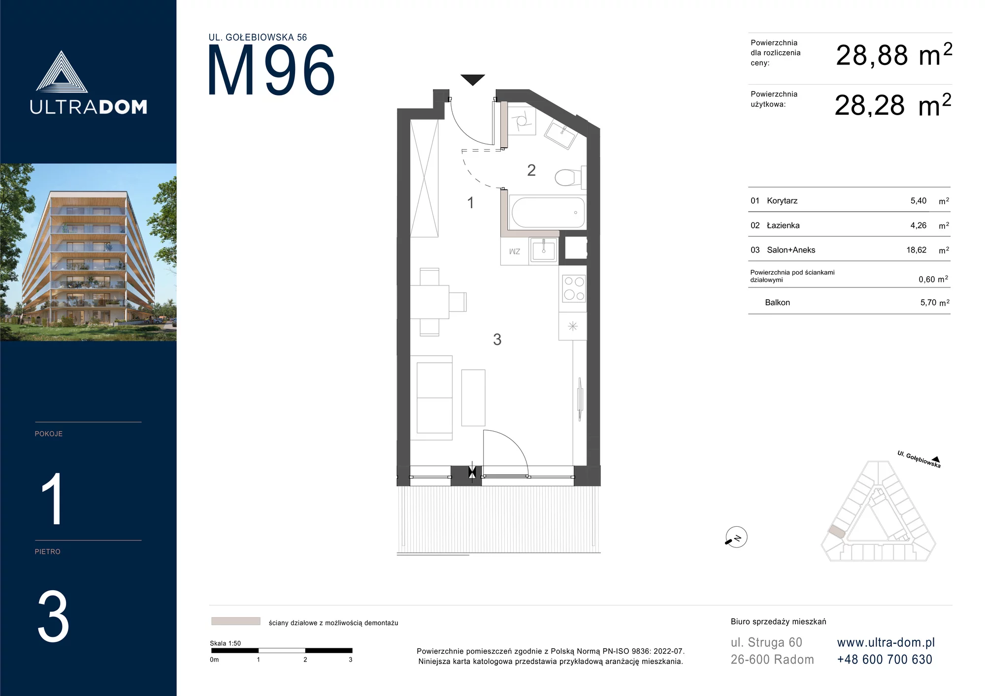 Mieszkanie 28,88 m², piętro 3, oferta nr M096, ULTRADOM, Radom, Gołębiów, ul. Gołębiowska