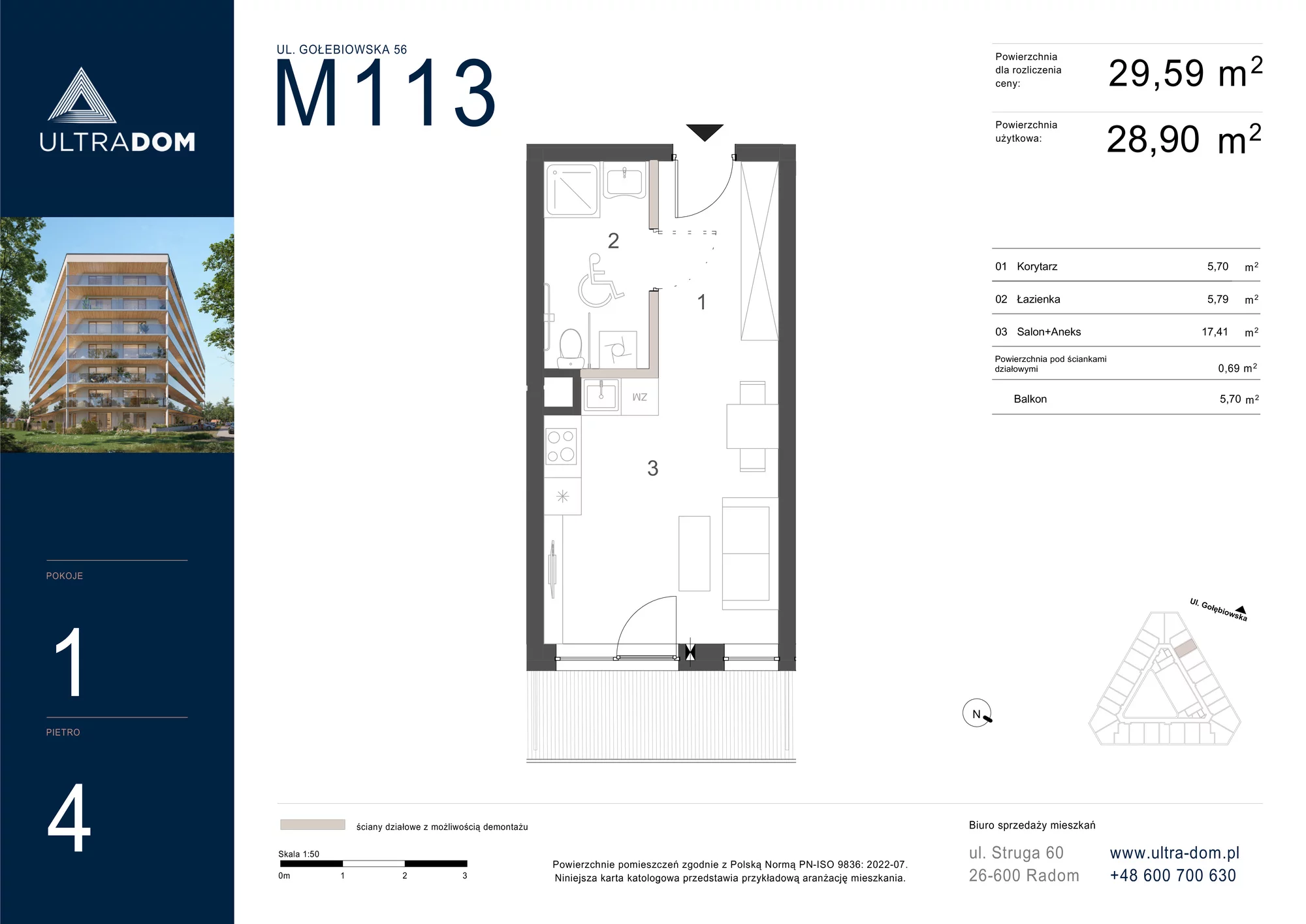 Mieszkanie 29,59 m², piętro 4, oferta nr M113, ULTRADOM, Radom, Gołębiów, ul. Gołębiowska