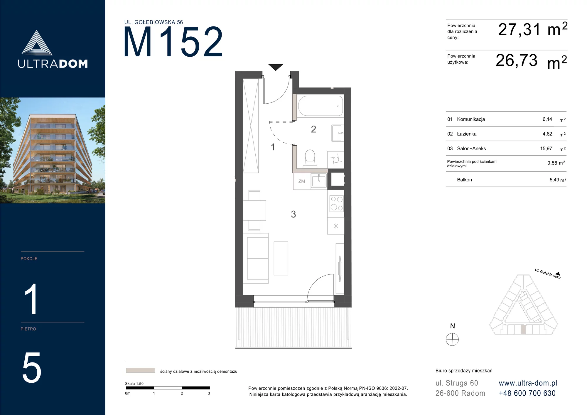 Mieszkanie 27,31 m², piętro 5, oferta nr M152, ULTRADOM, Radom, Gołębiów, ul. Gołębiowska