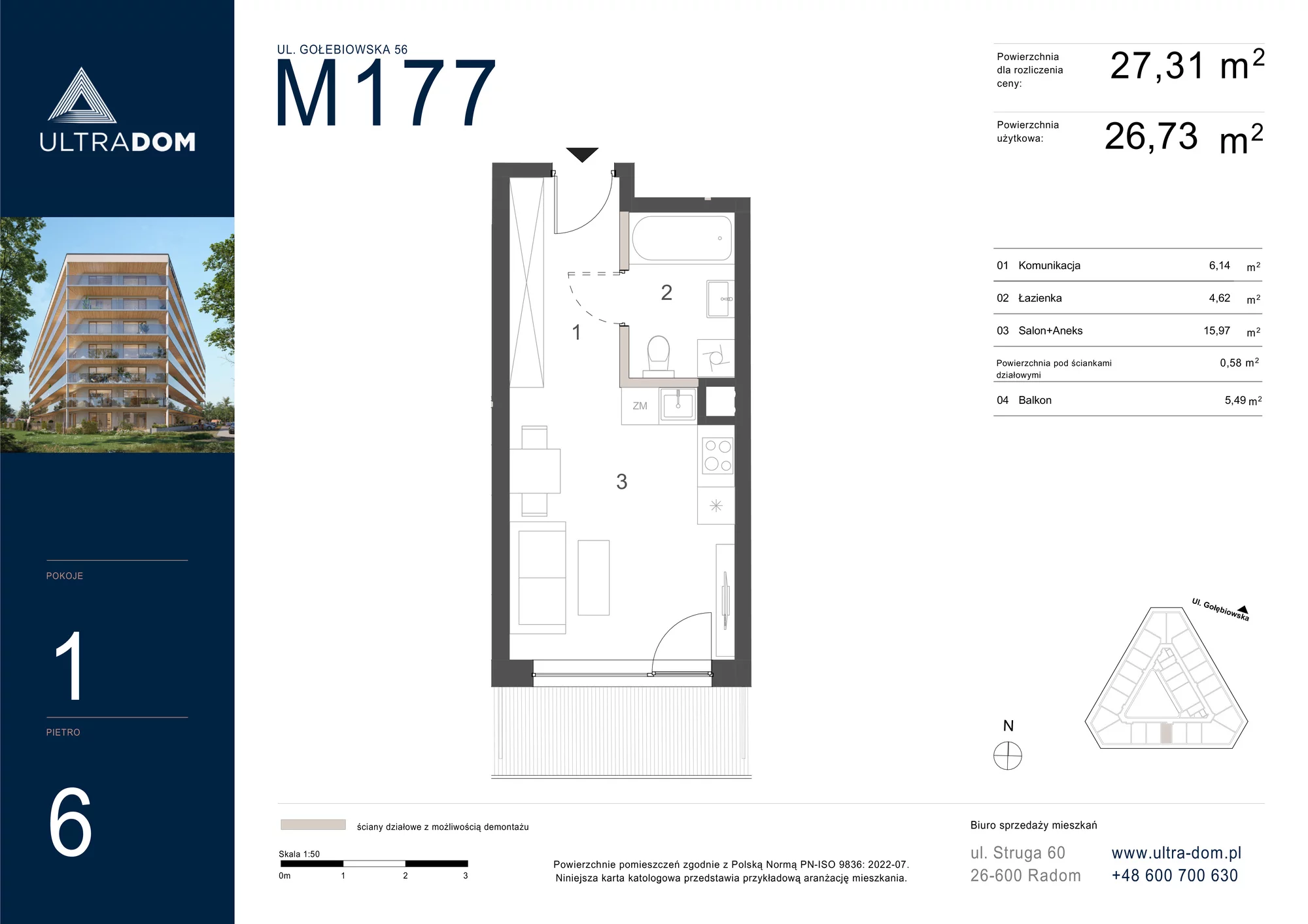 Mieszkanie 27,31 m², piętro 6, oferta nr M177, ULTRADOM, Radom, Gołębiów, ul. Gołębiowska