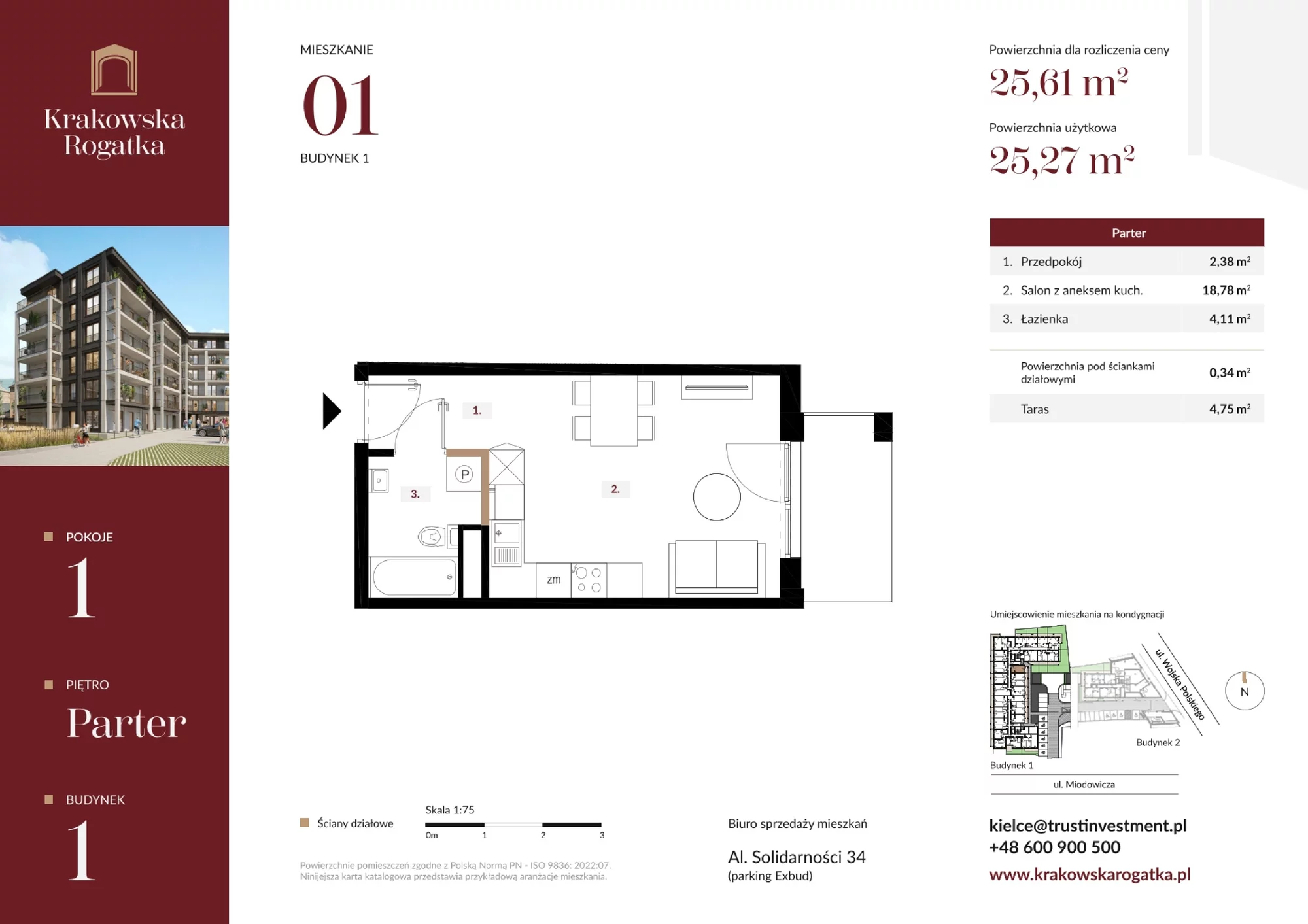 Mieszkanie 25,61 m², parter, oferta nr Budynek 1 Mieszkanie 1, Krakowska Rogatka, Kielce, ul. Miodowicza 1