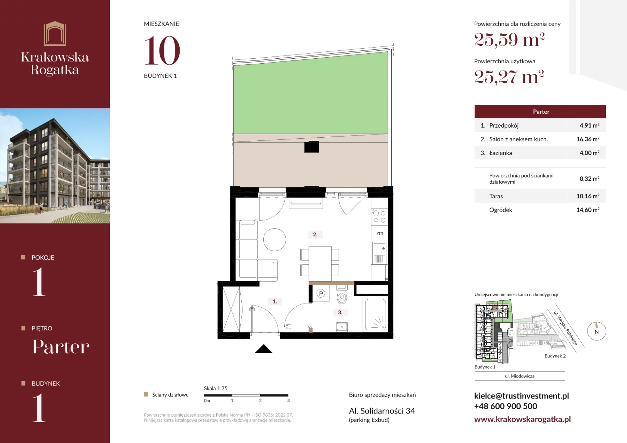 Mieszkanie 25,59 m², parter, oferta nr Budynek 1 Mieszkanie 10, Krakowska Rogatka, Kielce, ul. Miodowicza 1