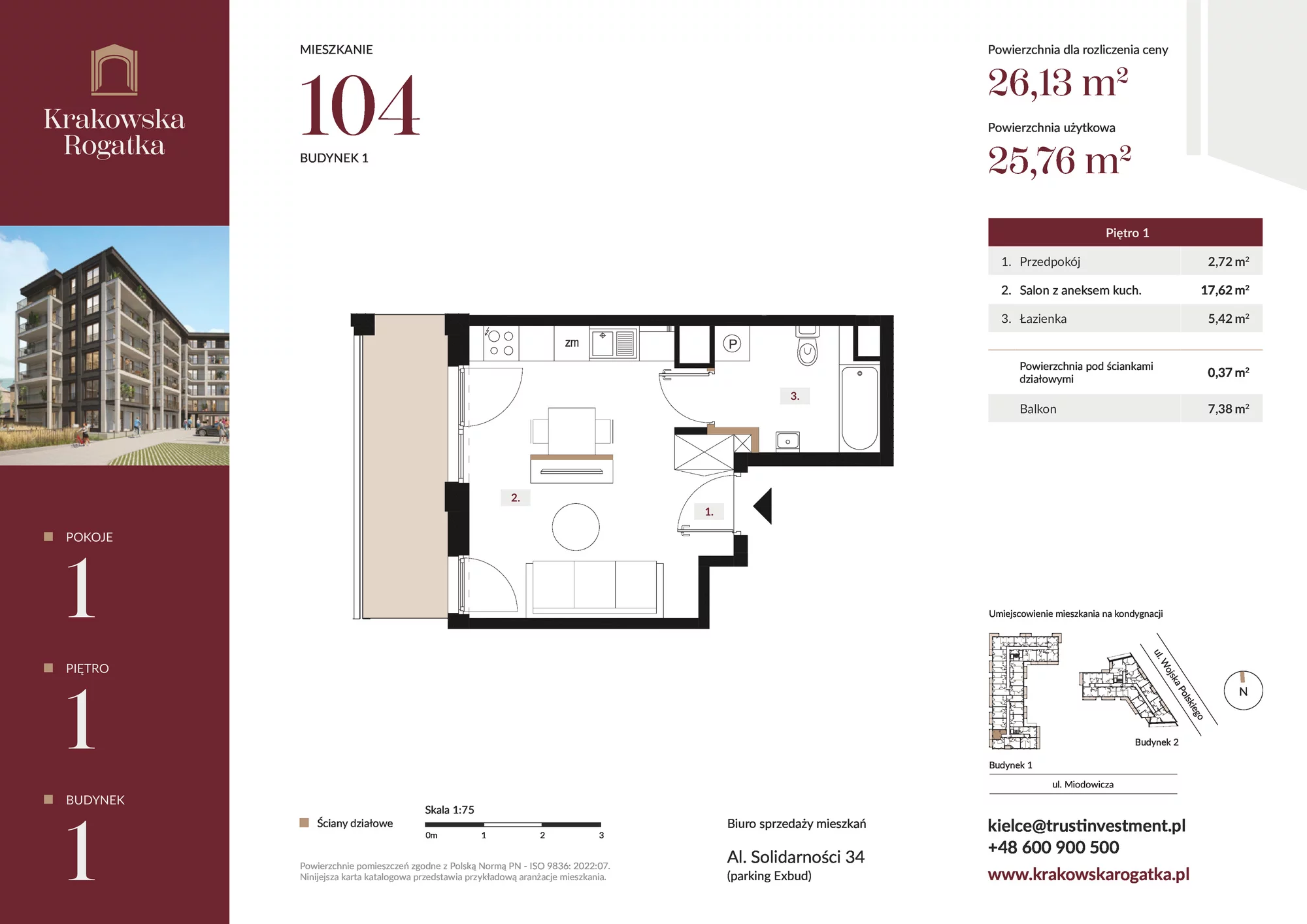 Mieszkanie 26,13 m², piętro 1, oferta nr Budynek 1 Mieszkanie 104, Krakowska Rogatka, Kielce, ul. Miodowicza 1