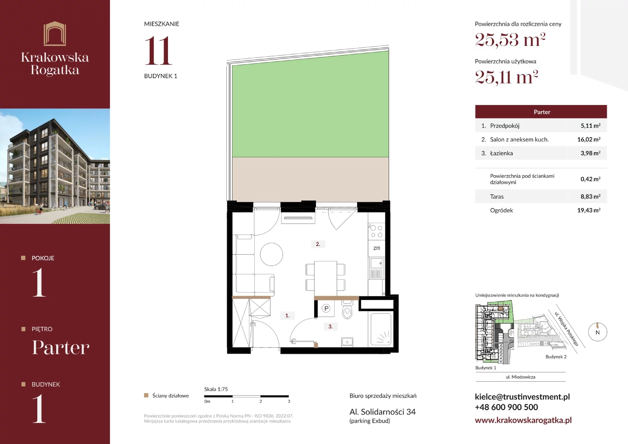 Mieszkanie 25,53 m², parter, oferta nr Budynek 1 Mieszkanie 11, Krakowska Rogatka, Kielce, ul. Miodowicza 1