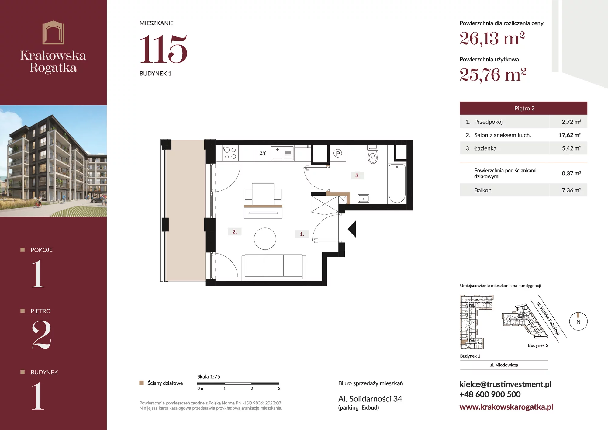 Mieszkanie 26,13 m², piętro 2, oferta nr Budynek 1 Mieszkanie 115, Krakowska Rogatka, Kielce, ul. Miodowicza 1