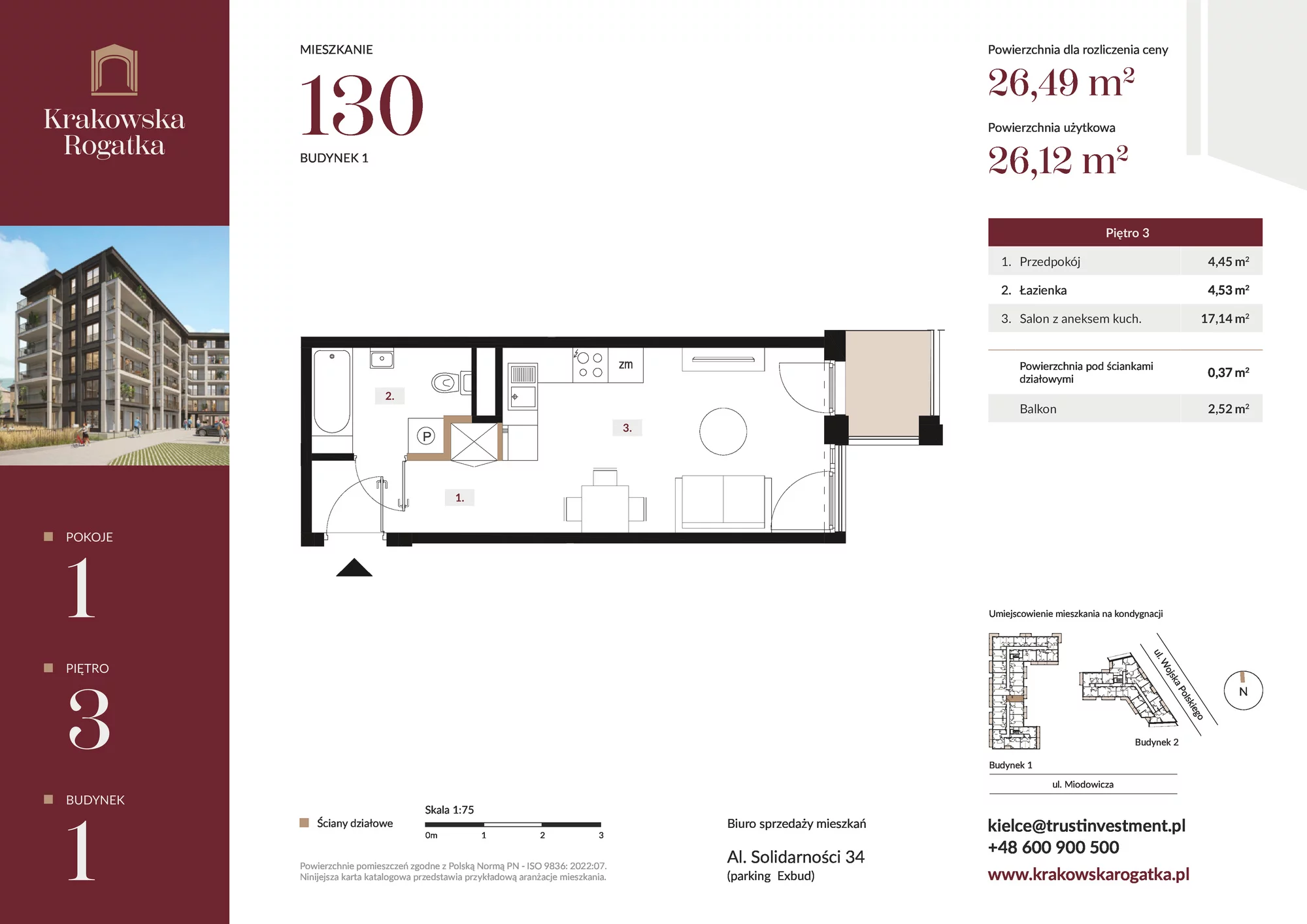 Mieszkanie 26,49 m², piętro 3, oferta nr Budynek 1 Mieszkanie 130, Krakowska Rogatka, Kielce, ul. Miodowicza 1