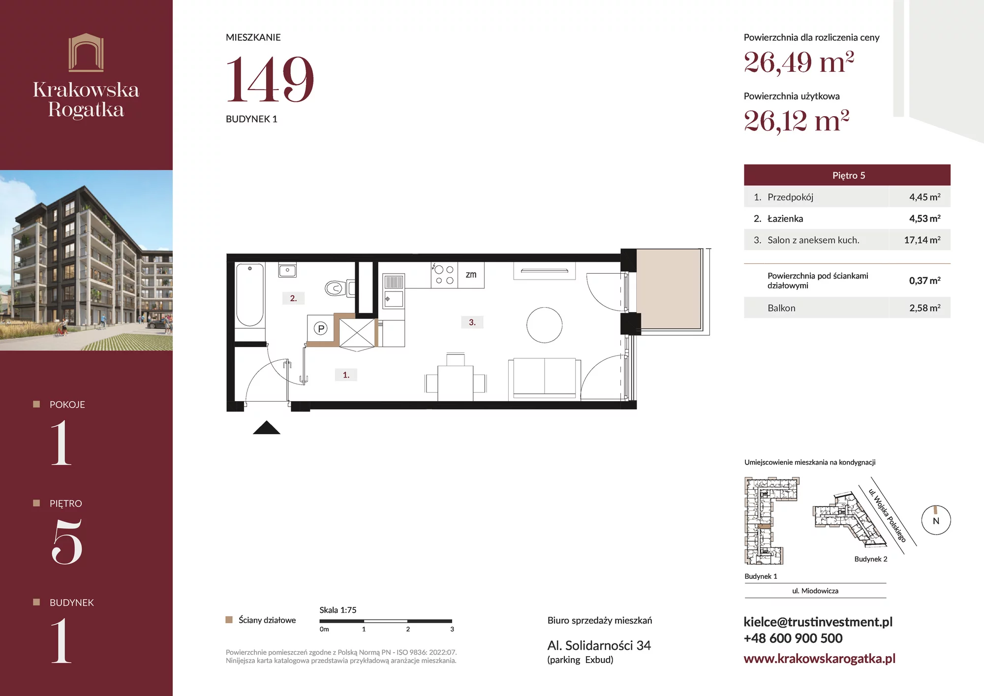 Mieszkanie 26,49 m², piętro 5, oferta nr Budynek 1 Mieszkanie 149, Krakowska Rogatka, Kielce, ul. Miodowicza 1
