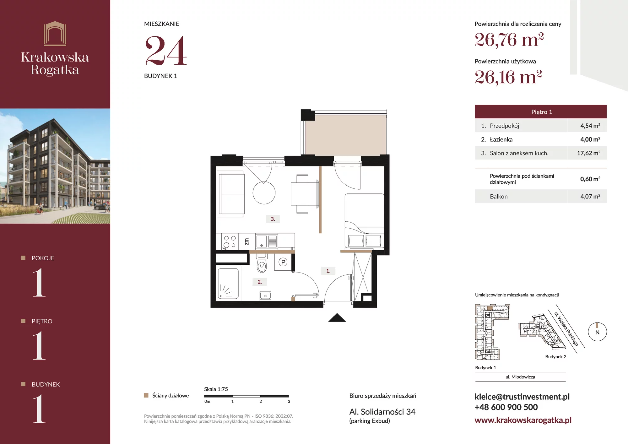 Mieszkanie 26,76 m², piętro 1, oferta nr Budynek 1 Mieszkanie 24, Krakowska Rogatka, Kielce, ul. Miodowicza 1