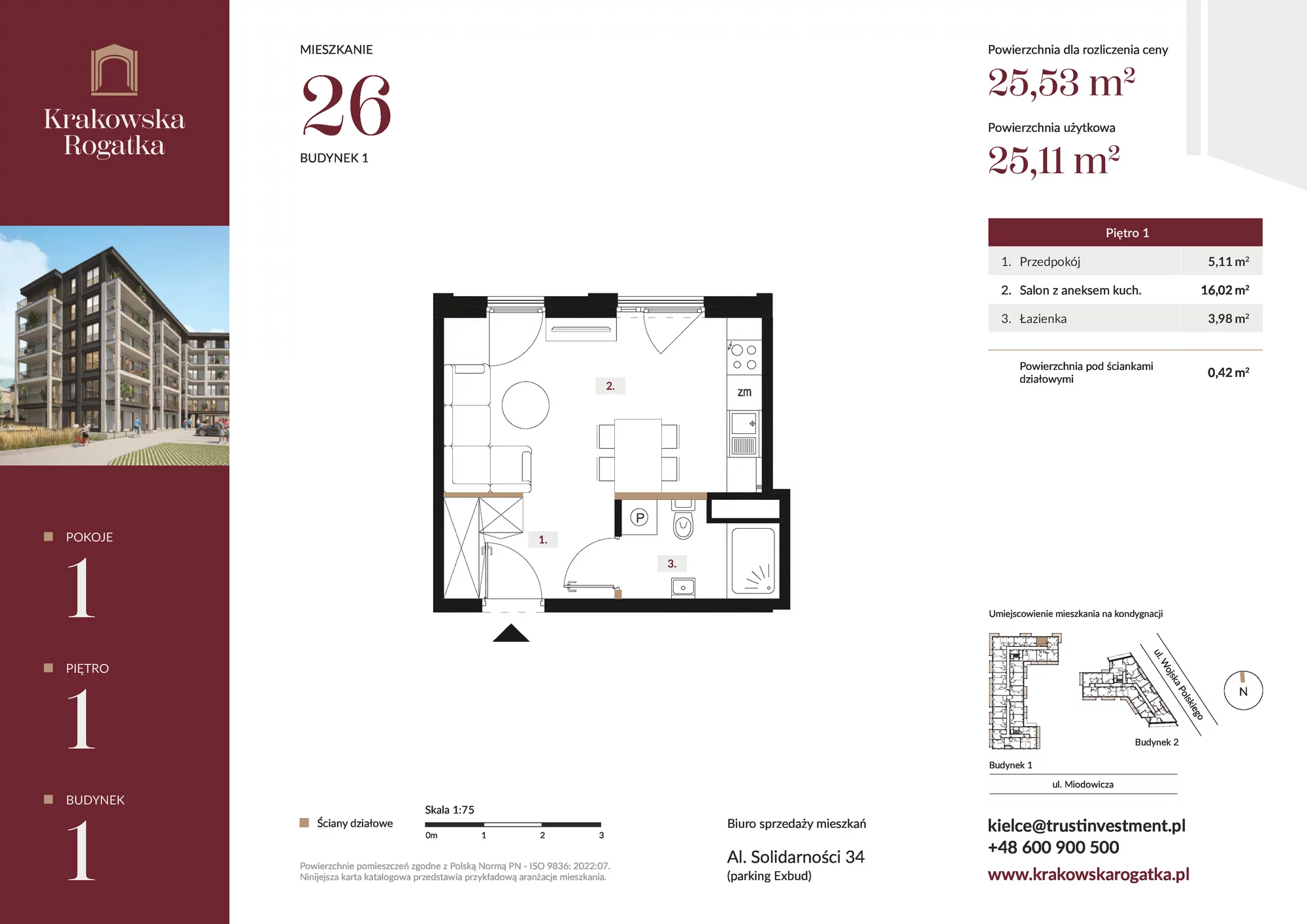 Mieszkanie 25,53 m², piętro 1, oferta nr Budynek 1 Mieszkanie 26, Krakowska Rogatka, Kielce, ul. Miodowicza 1