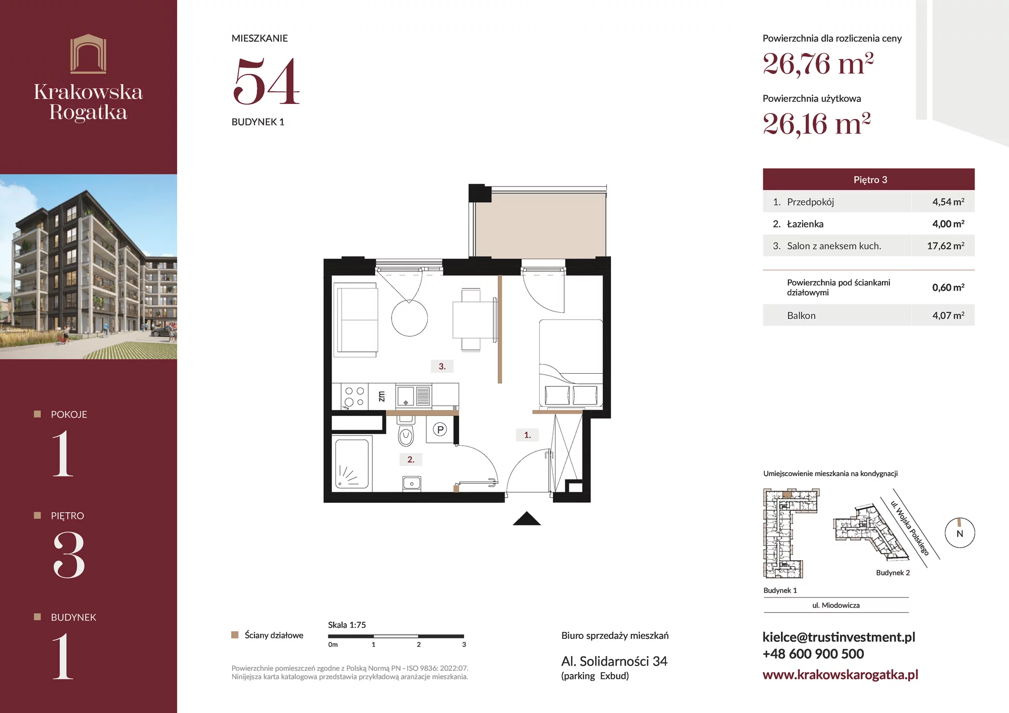 Mieszkanie 26,76 m², piętro 3, oferta nr Budynek 1 Mieszkanie 54, Krakowska Rogatka, Kielce, ul. Miodowicza 1