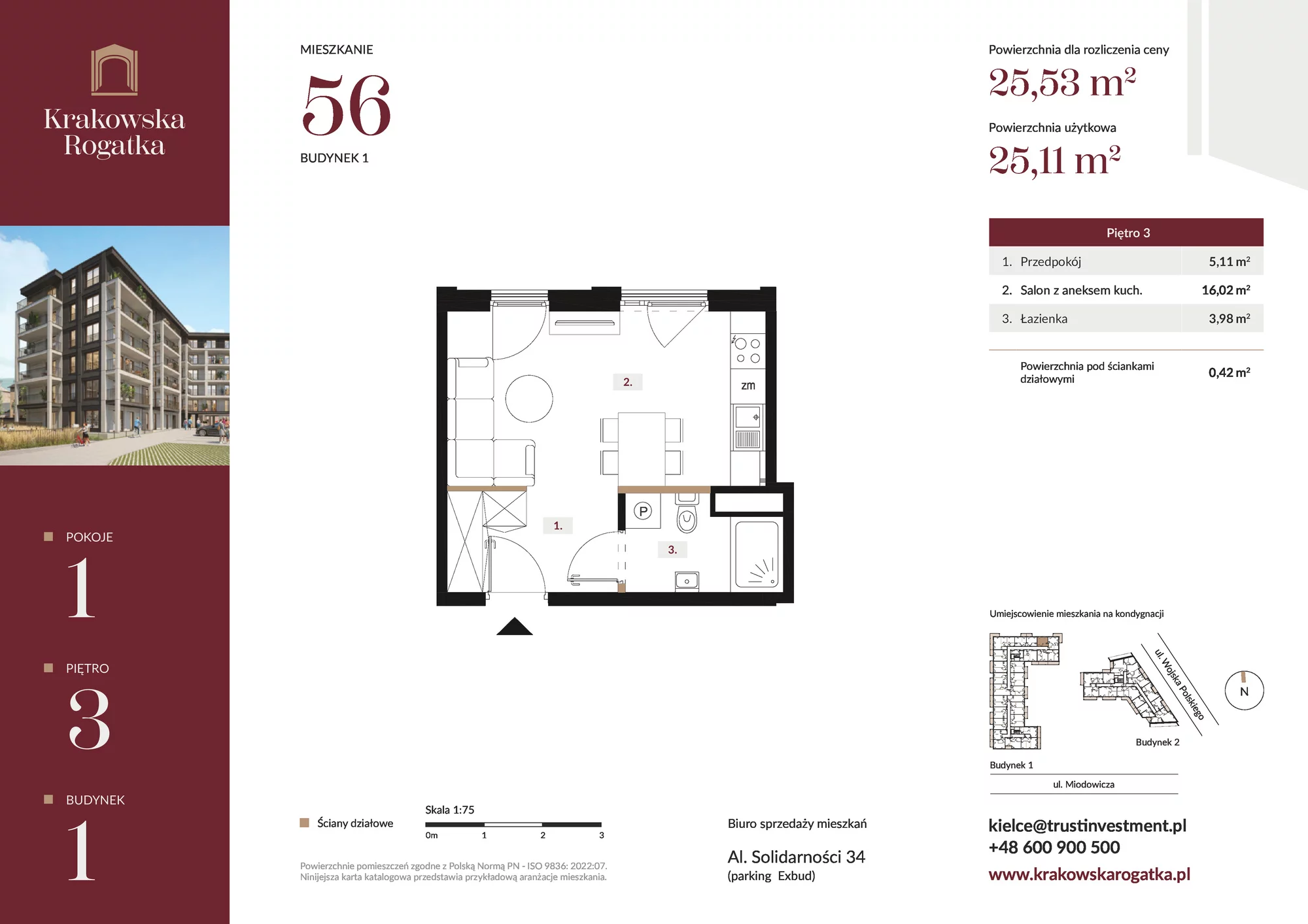 Mieszkanie 25,53 m², piętro 3, oferta nr Budynek 1 Mieszkanie 56, Krakowska Rogatka, Kielce, ul. Miodowicza 1