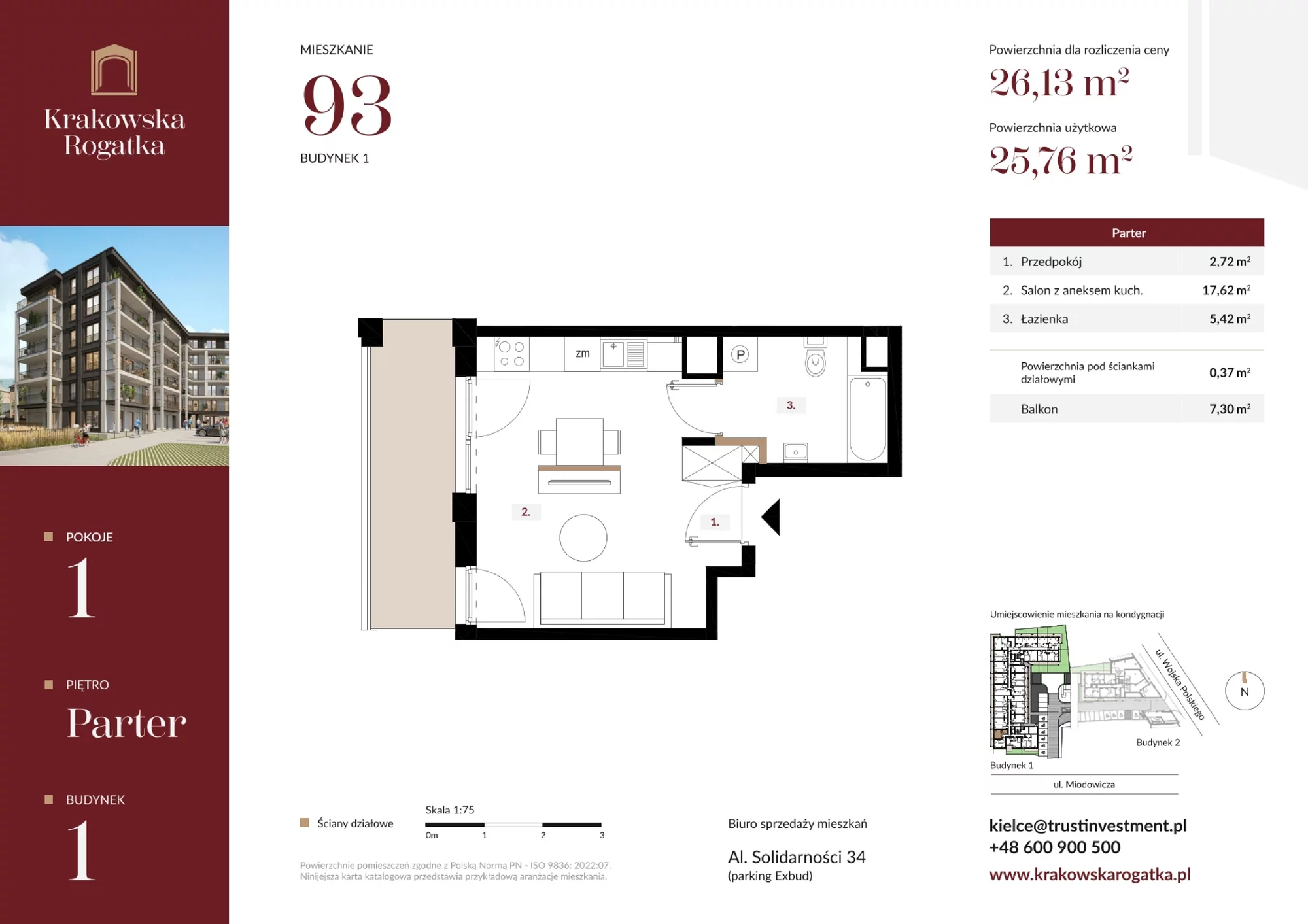 Mieszkanie 26,13 m², parter, oferta nr Budynek 1 Mieszkanie 93, Krakowska Rogatka, Kielce, ul. Miodowicza 1