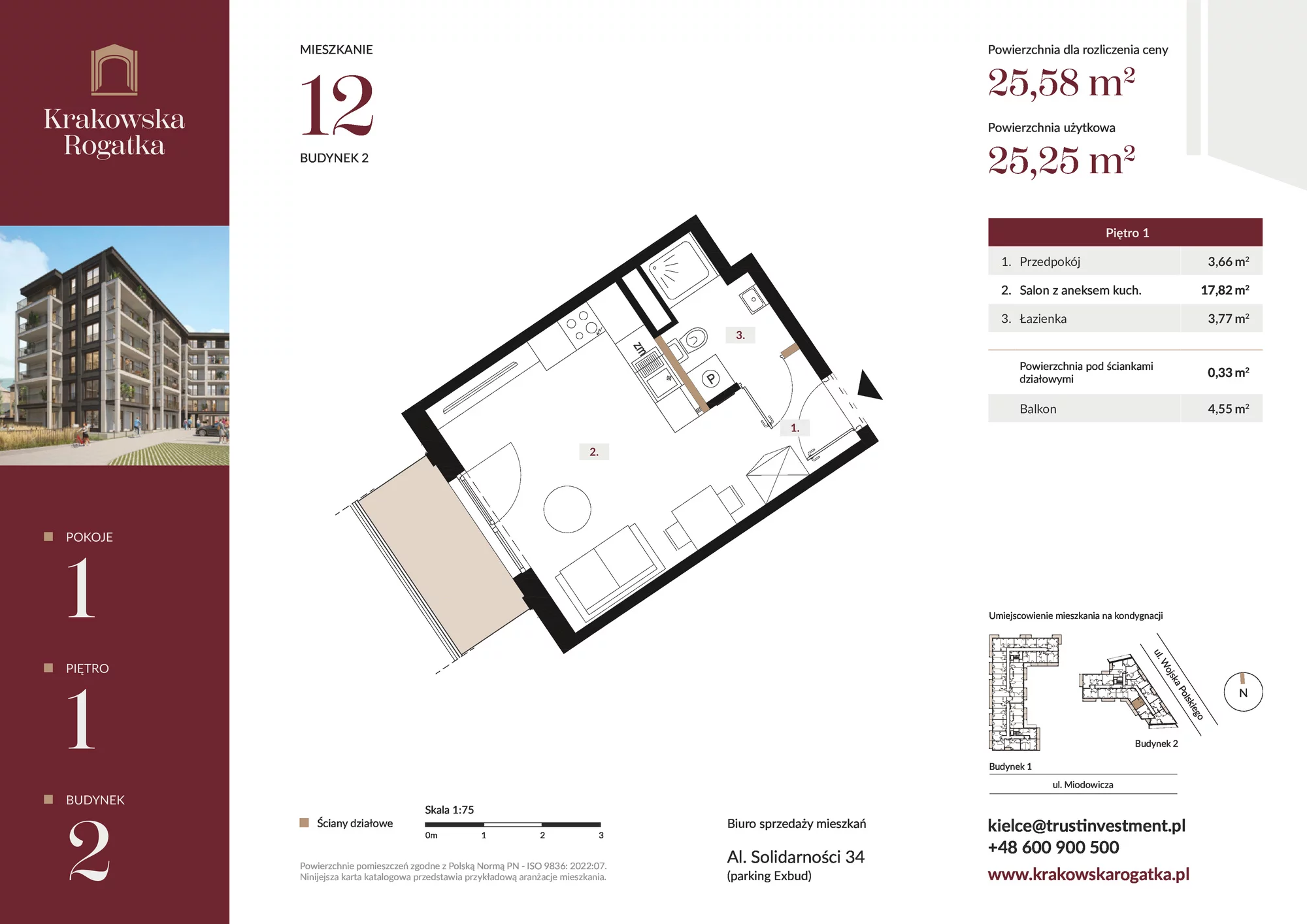 Mieszkanie 25,58 m², piętro 1, oferta nr Budynek 2 Mieszkanie 12, Krakowska Rogatka, Kielce, ul. Miodowicza 1