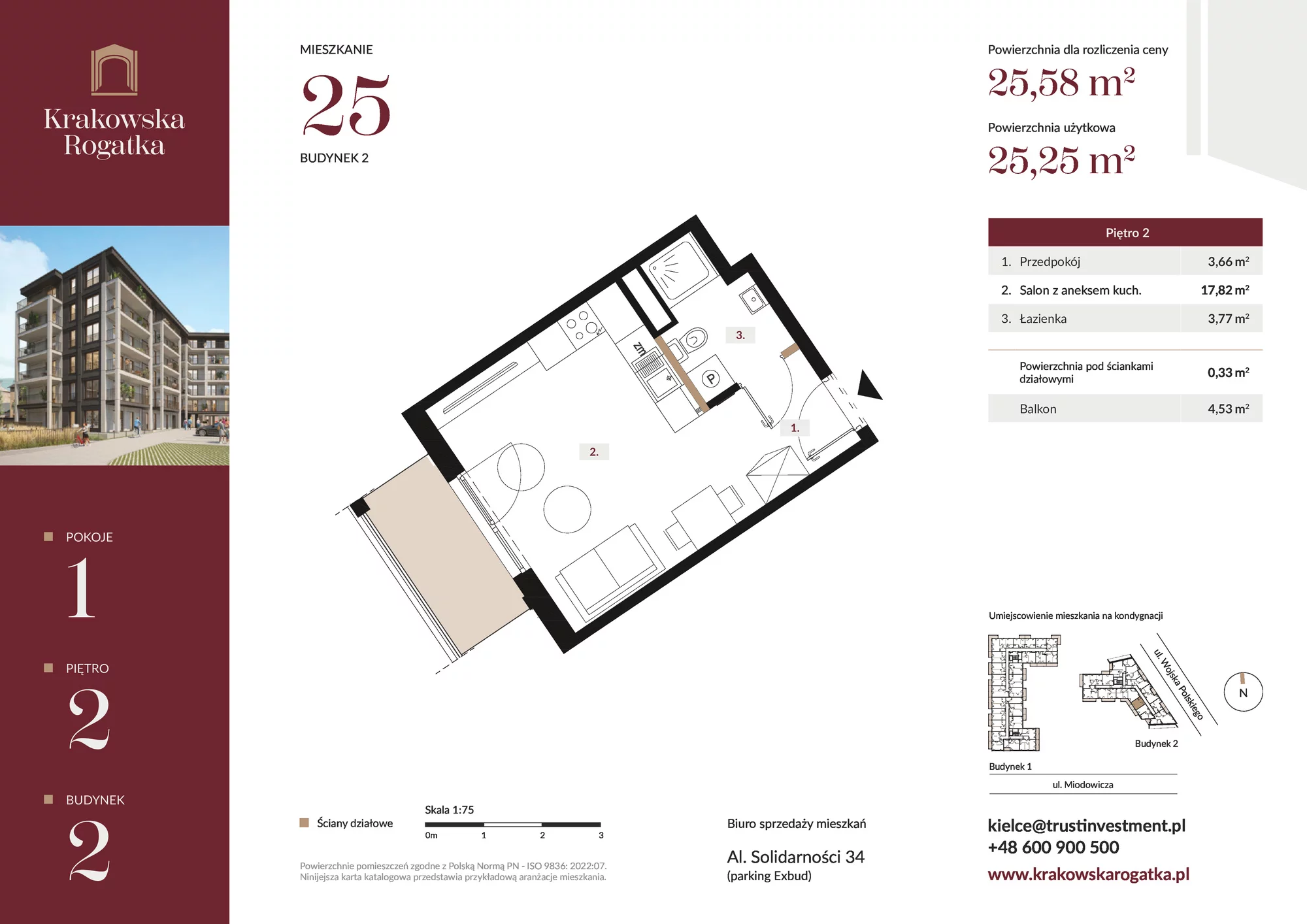 Mieszkanie 25,58 m², piętro 2, oferta nr Budynek 2 Mieszkanie 25, Krakowska Rogatka, Kielce, ul. Miodowicza 1