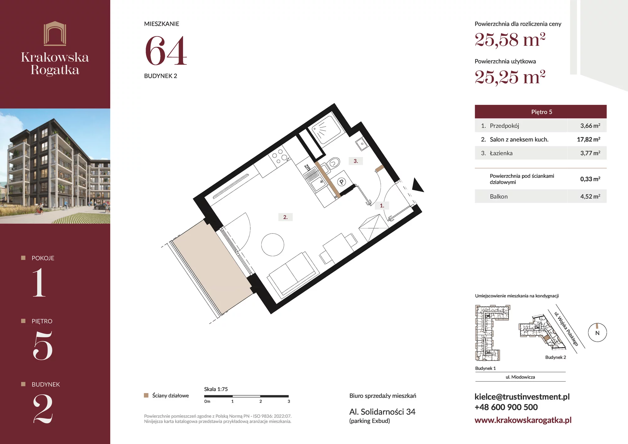 Mieszkanie 25,58 m², piętro 5, oferta nr Budynek 2 Mieszkanie 64, Krakowska Rogatka, Kielce, ul. Miodowicza 1