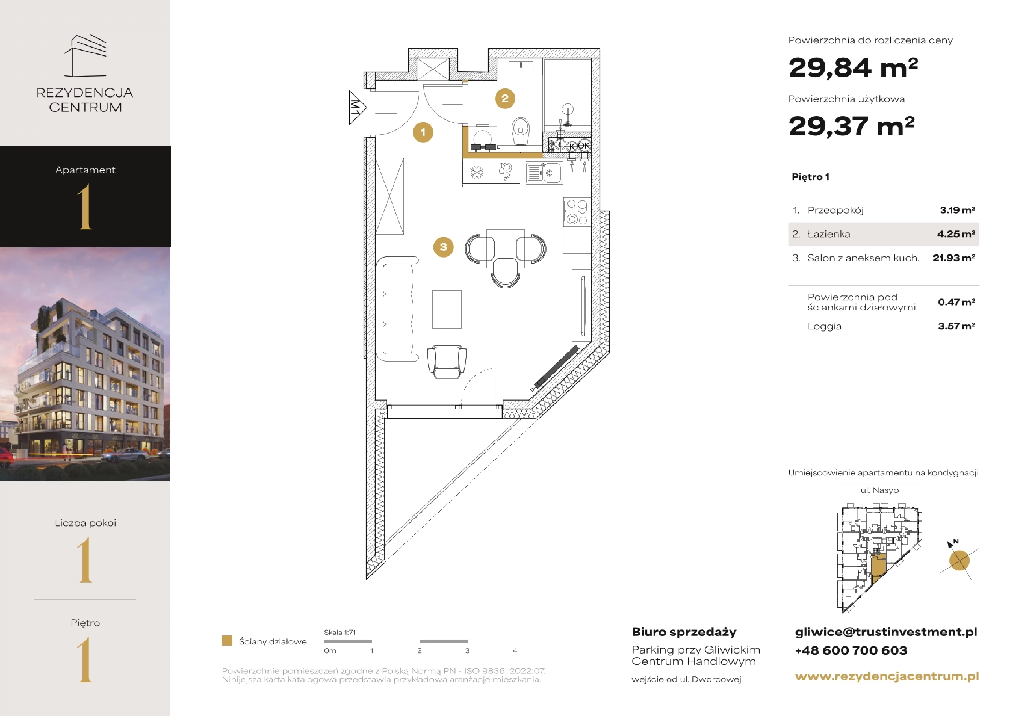 1 pokój, mieszkanie 29,84 m², piętro 1, oferta nr M1, Rezydencja Centrum, Gliwice, Śródmieście, ul. Nasyp 2C