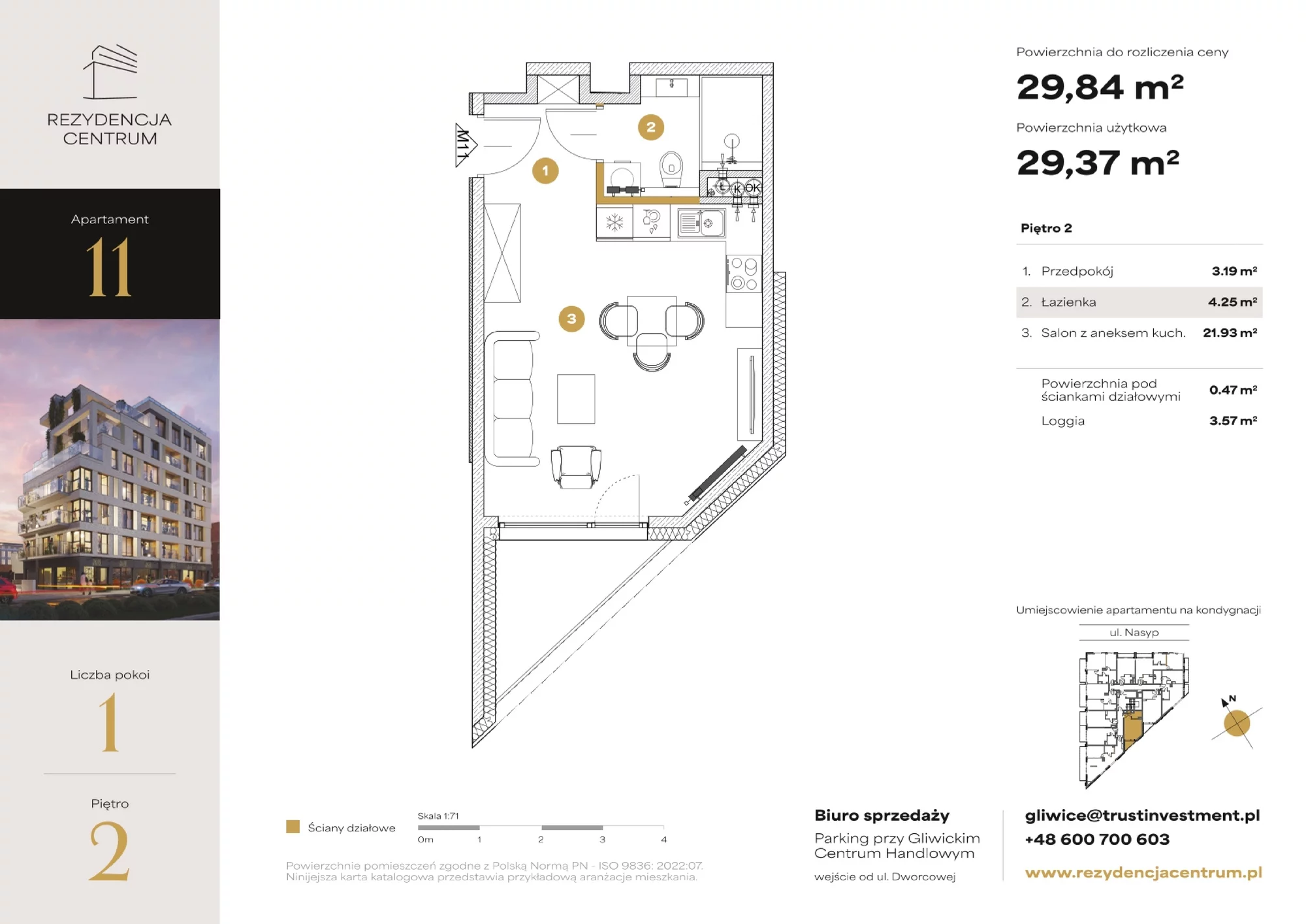 Mieszkanie 29,84 m², piętro 2, oferta nr M11, Rezydencja Centrum, Gliwice, Śródmieście, ul. Nasyp 2C