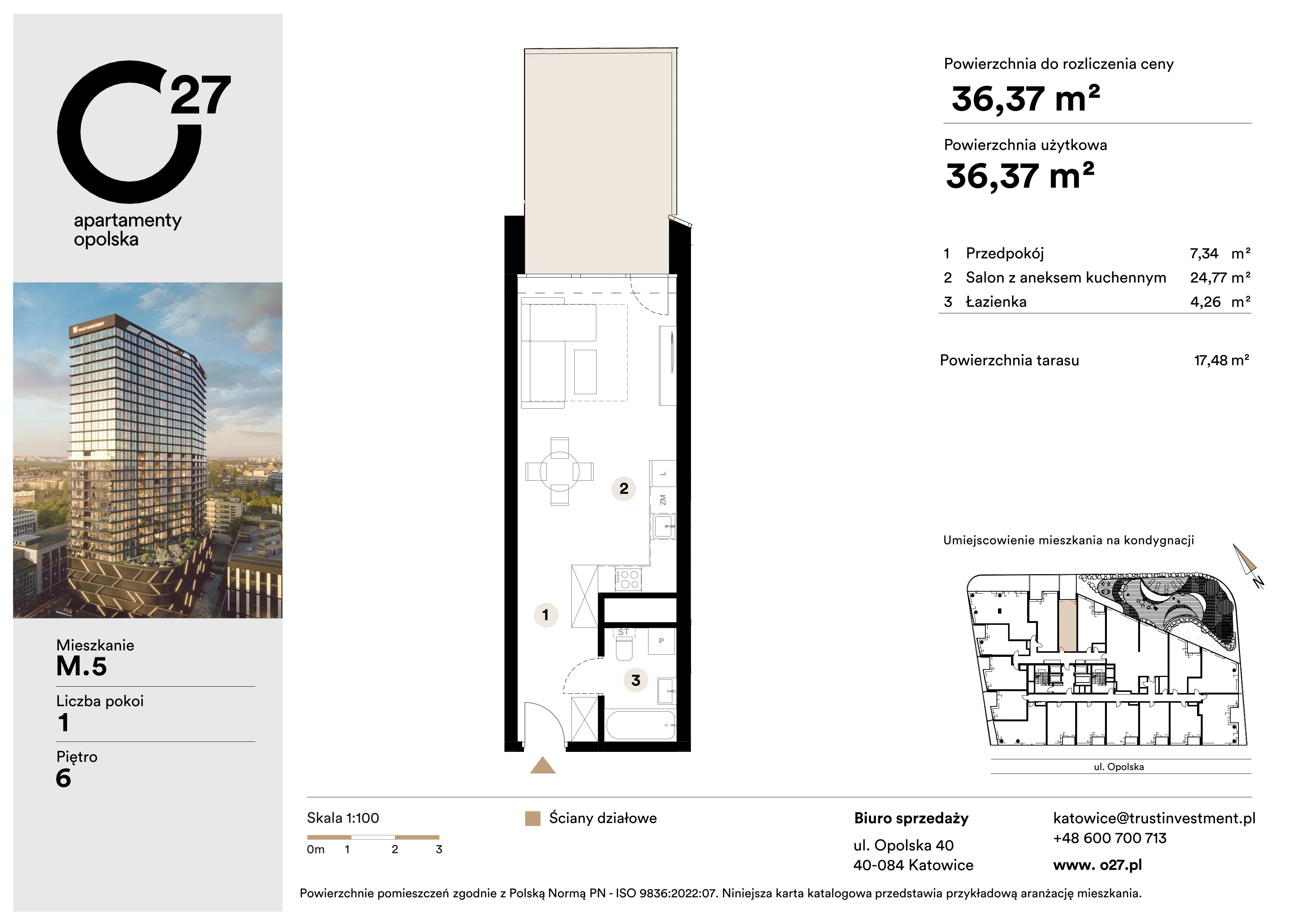 1 pokój, mieszkanie 36,37 m², piętro 6, oferta nr M.5, O27 Apartamenty Opolska, Katowice, Śródmieście, ul. Opolska 27