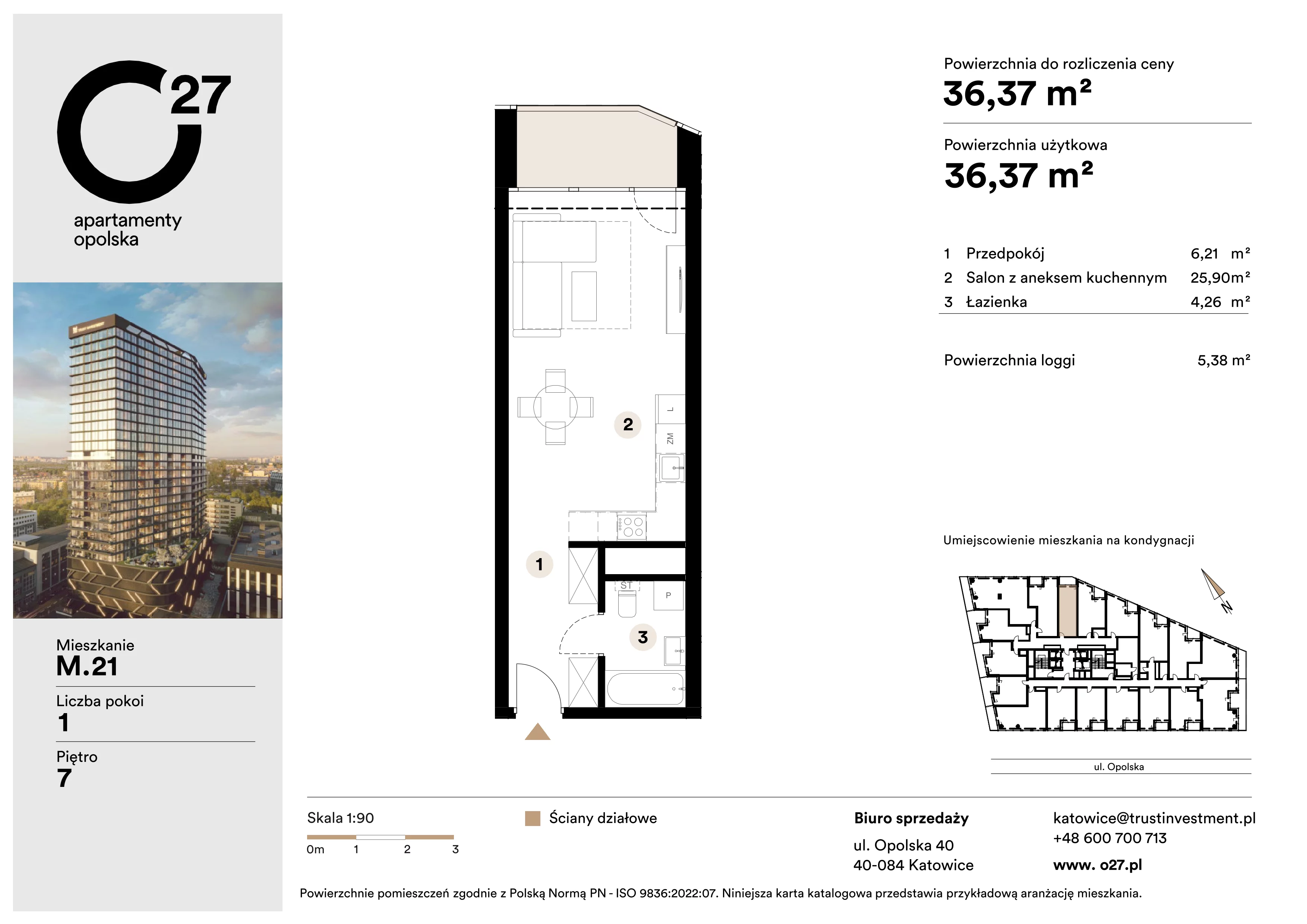 1 pokój, mieszkanie 36,37 m², piętro 7, oferta nr M.21, O27 Apartamenty Opolska, Katowice, Śródmieście, ul. Opolska 27