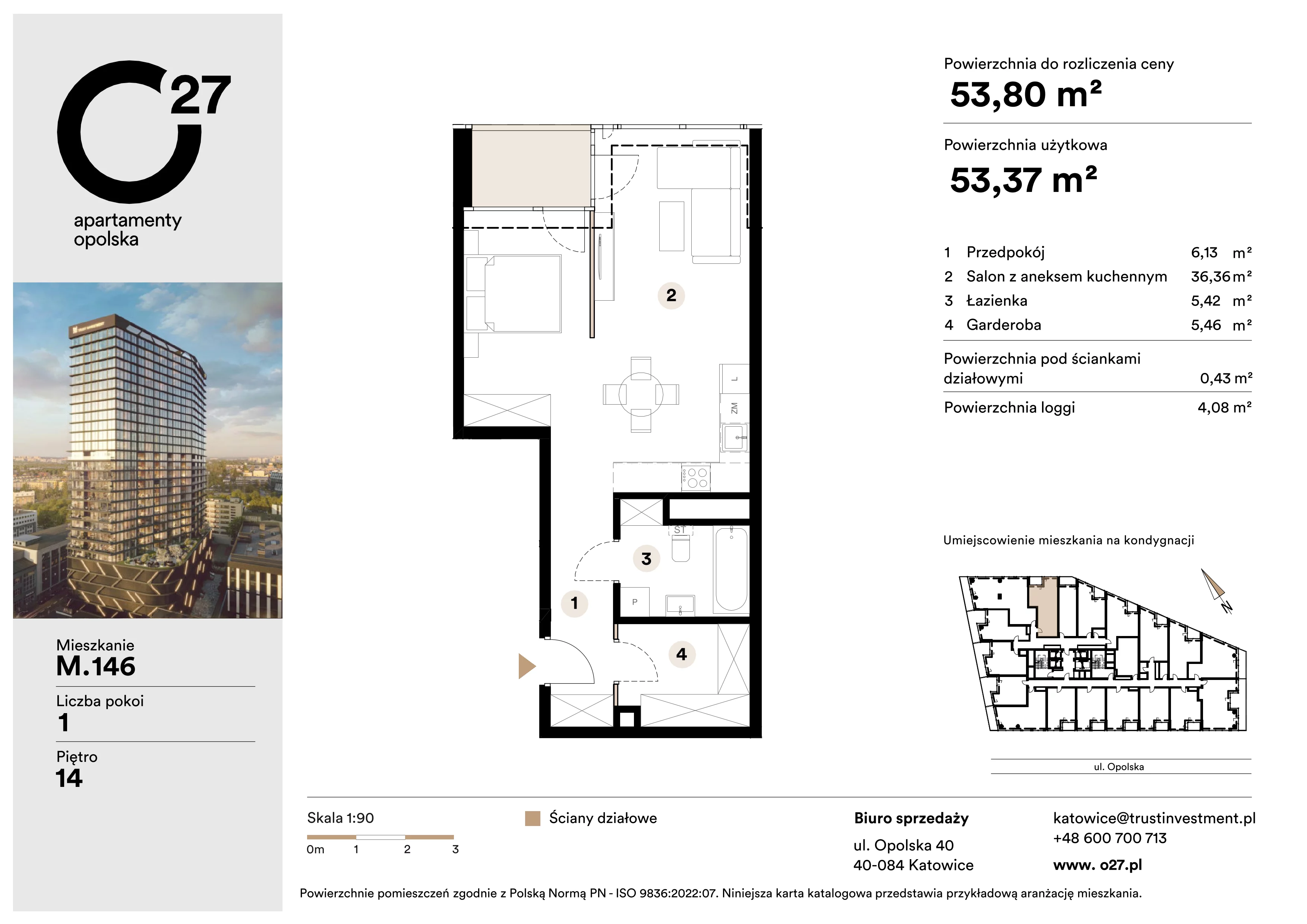 1 pokój, mieszkanie 53,80 m², piętro 14, oferta nr M.146, O27 Apartamenty Opolska, Katowice, Śródmieście, ul. Opolska 27