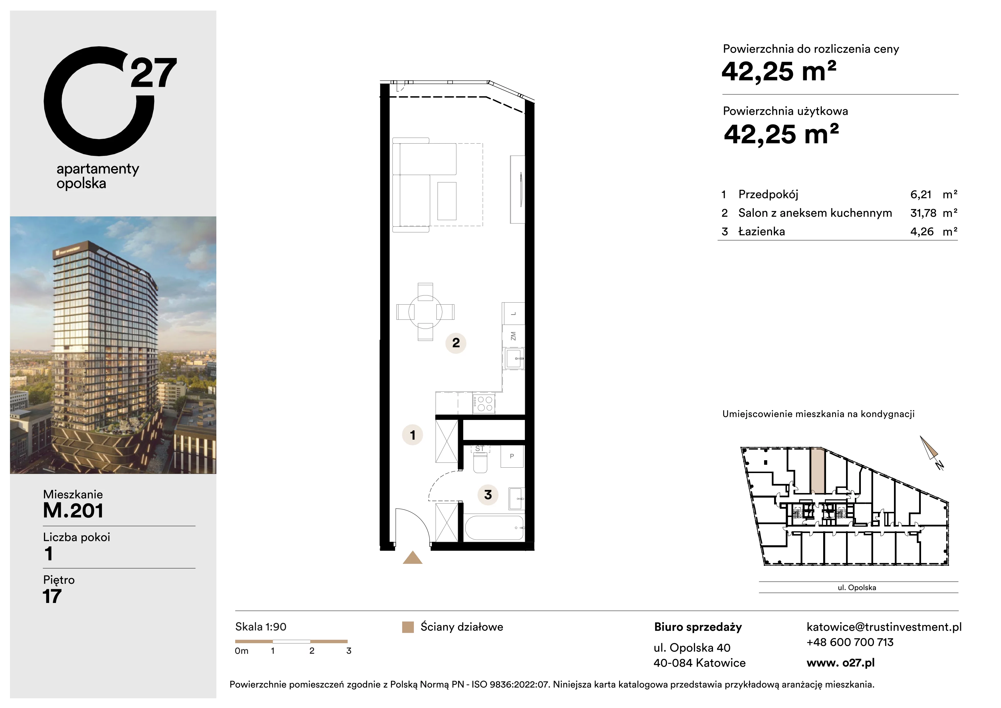 1 pokój, mieszkanie 42,25 m², piętro 17, oferta nr M.201, O27 Apartamenty Opolska, Katowice, Śródmieście, ul. Opolska 27