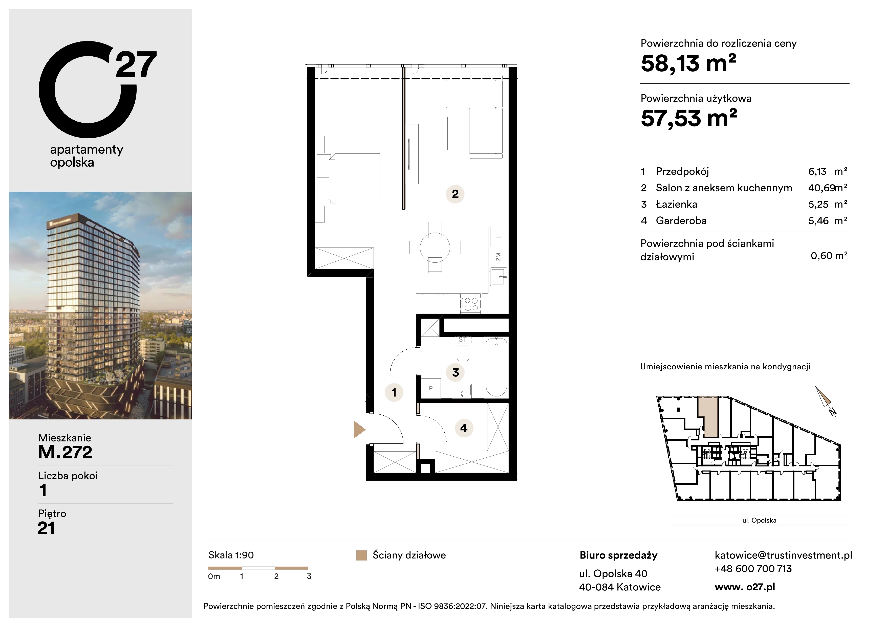 1 pokój, apartament 58,13 m², piętro 21, oferta nr M.272, O27 Apartamenty Opolska, Katowice, Śródmieście, ul. Opolska 27