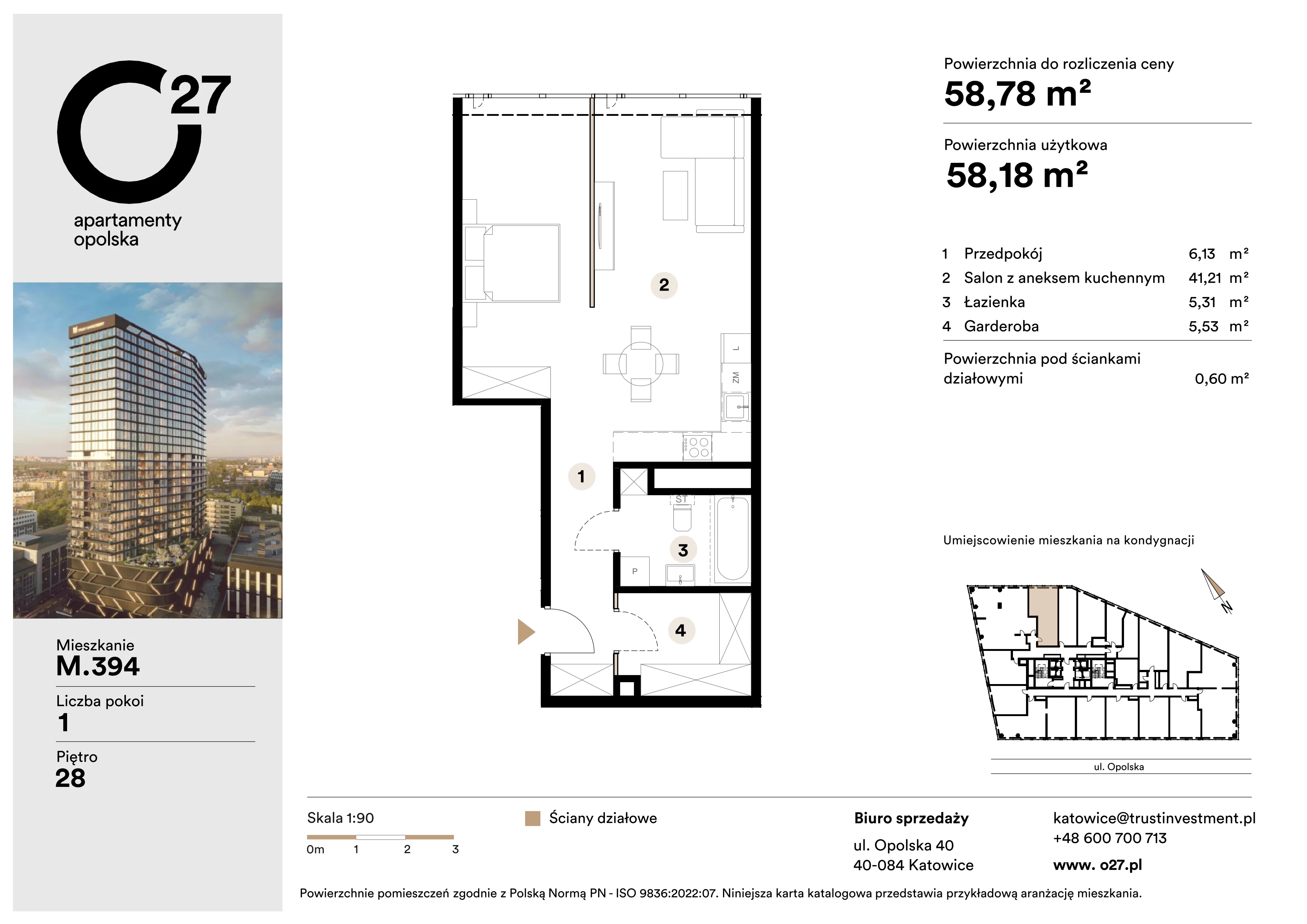 1 pokój, apartament 58,78 m², piętro 28, oferta nr M.394, O27 Apartamenty Opolska, Katowice, Śródmieście, ul. Opolska 27