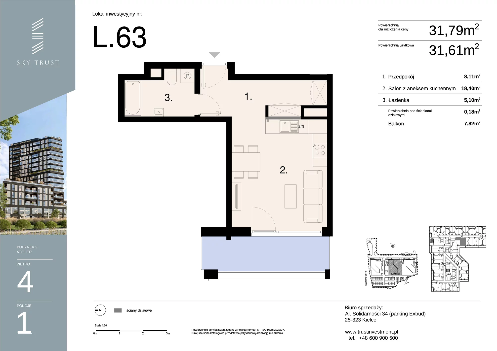 Lokal inwestycyjny 31,79 m², piętro 4, oferta nr L63, Sky Trust II - lokale inwestycyjne, Kielce, Bocianek, al. Solidarności / ul. Świętokrzyska